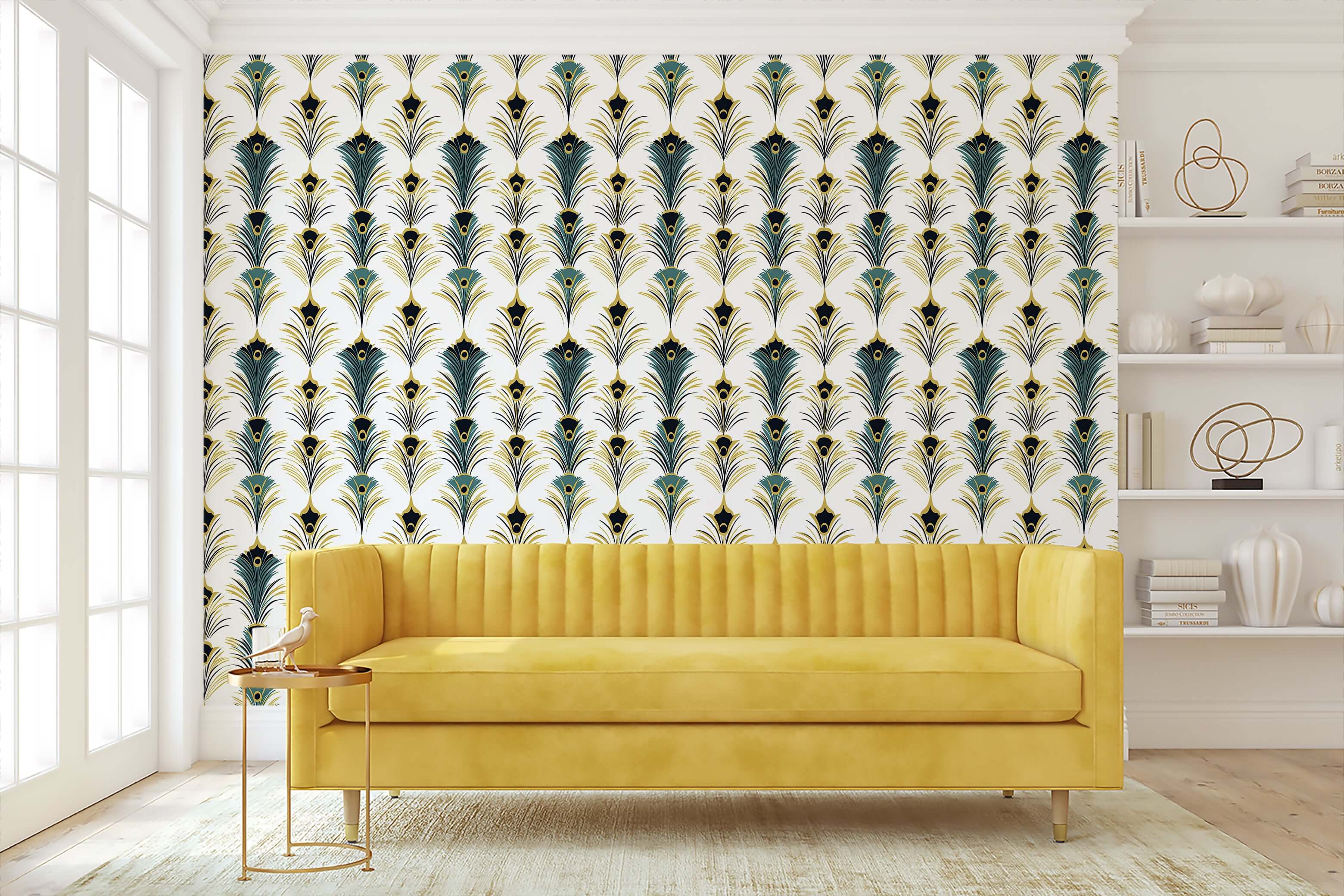 Art Deco wallpaper featuring teal and gold peacock feathers behind yellow sofa