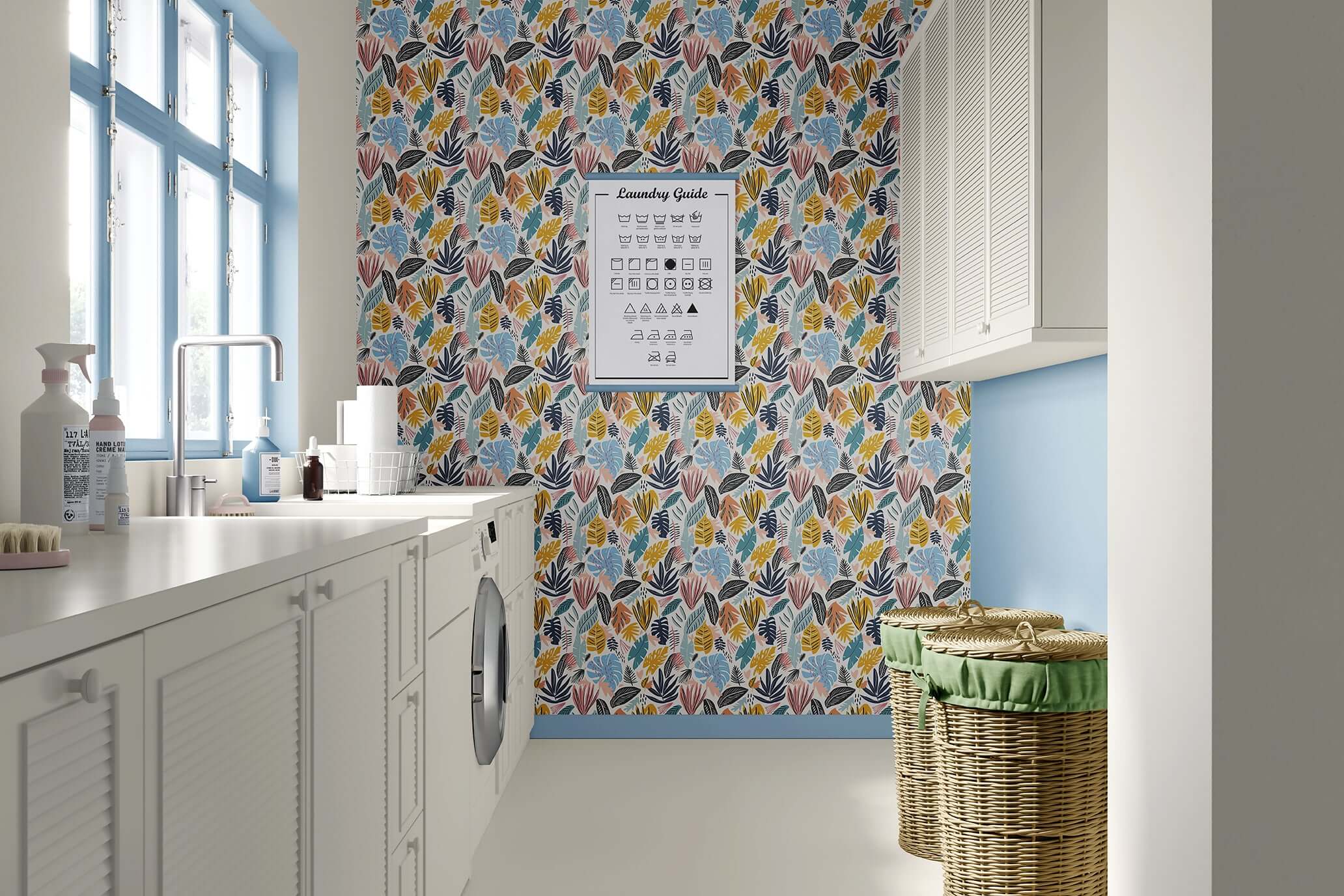 Laundry room with tropical leaves boho wallpaper, vibrant teal and coral abstract motifs, coastal and bohemian design.