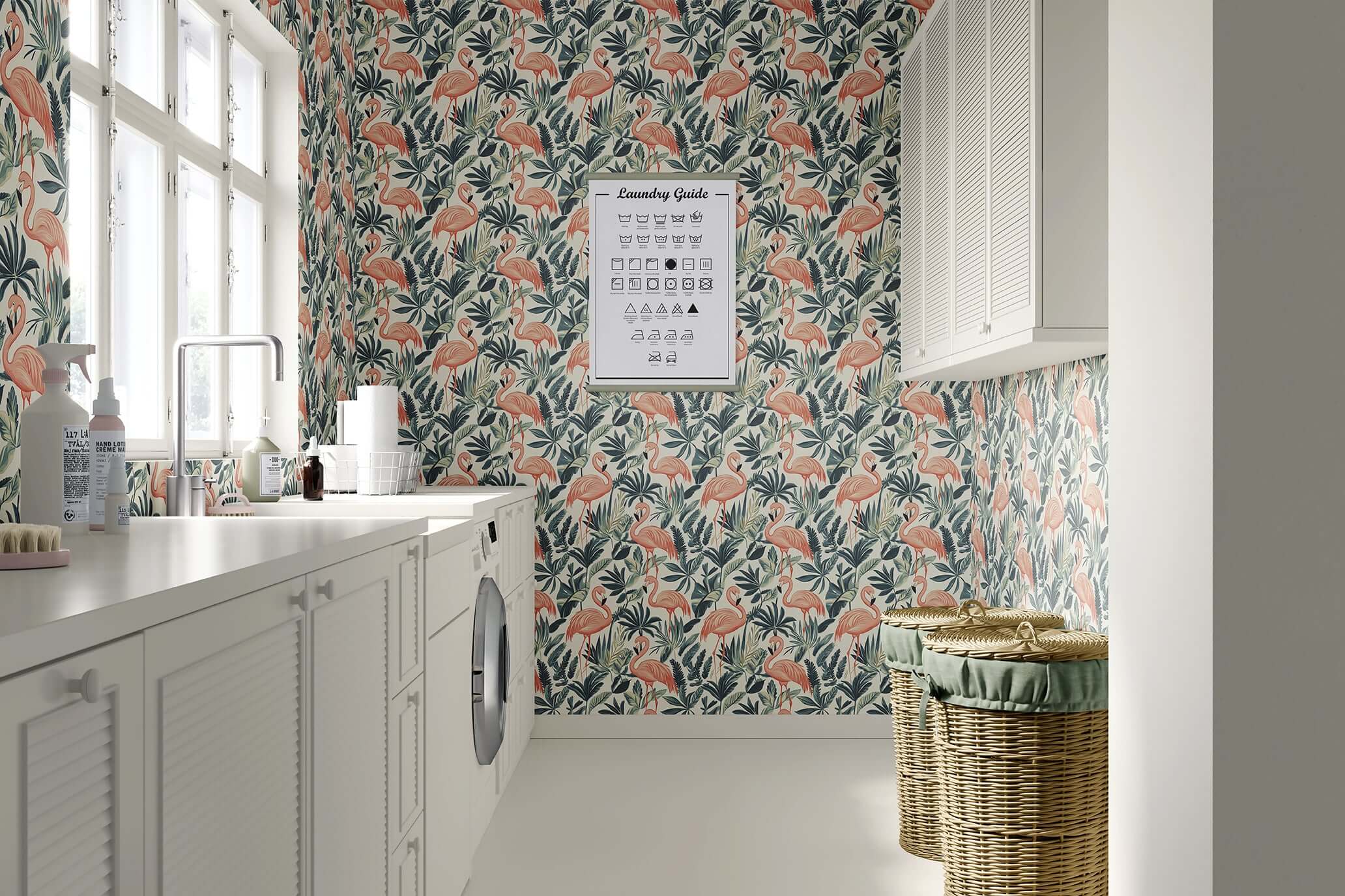 Flamingo Oasis wallpaper featuring flamingos and greenery in a modern laundry room; perfect for a mid-century modern, coastal style.