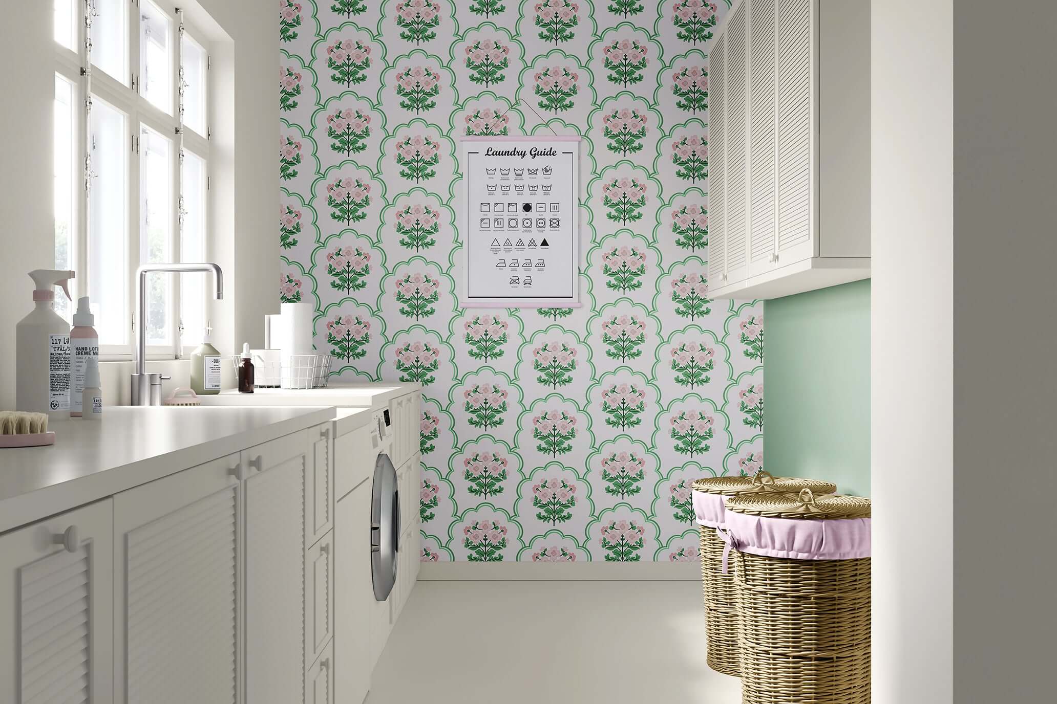 Laundry room with Preppy Pink Garden Lattice Wallpaper featuring florals, scallops, and modern design. Ideal for nursery or playroom.