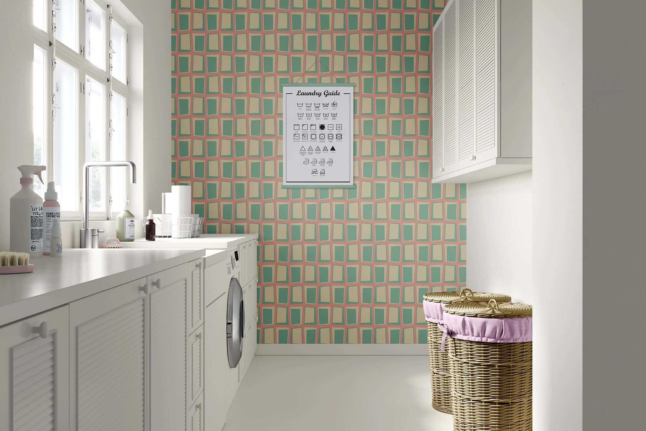 Retro atomic windowpane wallpaper in mint green, cream, and coral lines, showcasing mid-century modern geometric design in a laundry room.
