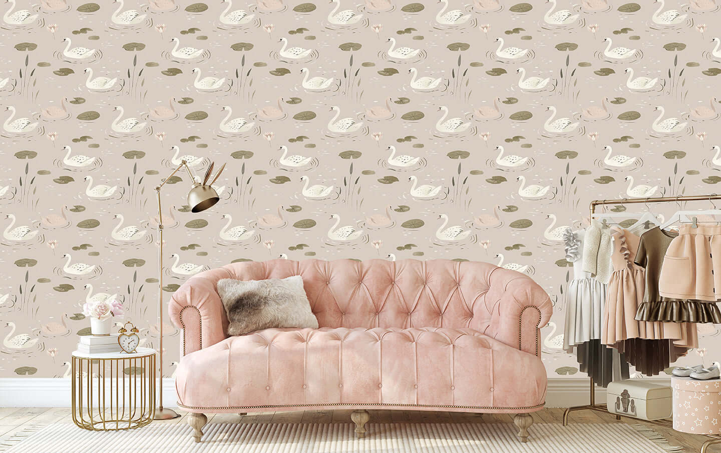 Swan Serenade wallpaper with swans on a pond, ideal for mid-century modern interiors. Perfect for bedrooms and nurseries.