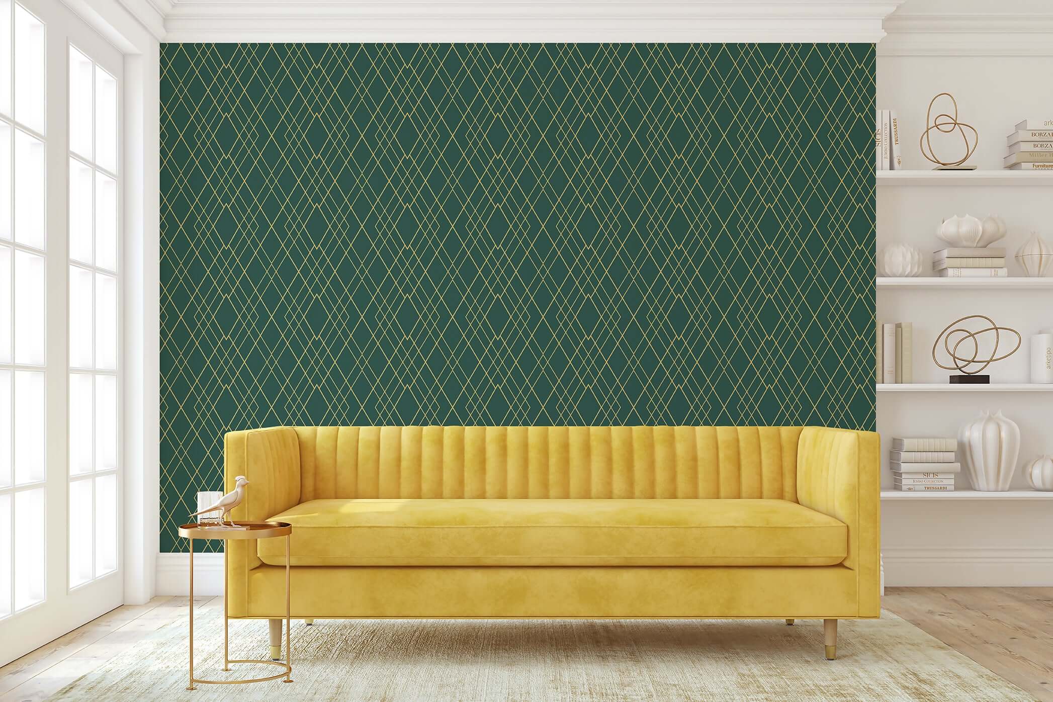 Art Deco geometric wallpaper in green and gold behind a yellow couch, creating a sophisticated and luxurious interior space.