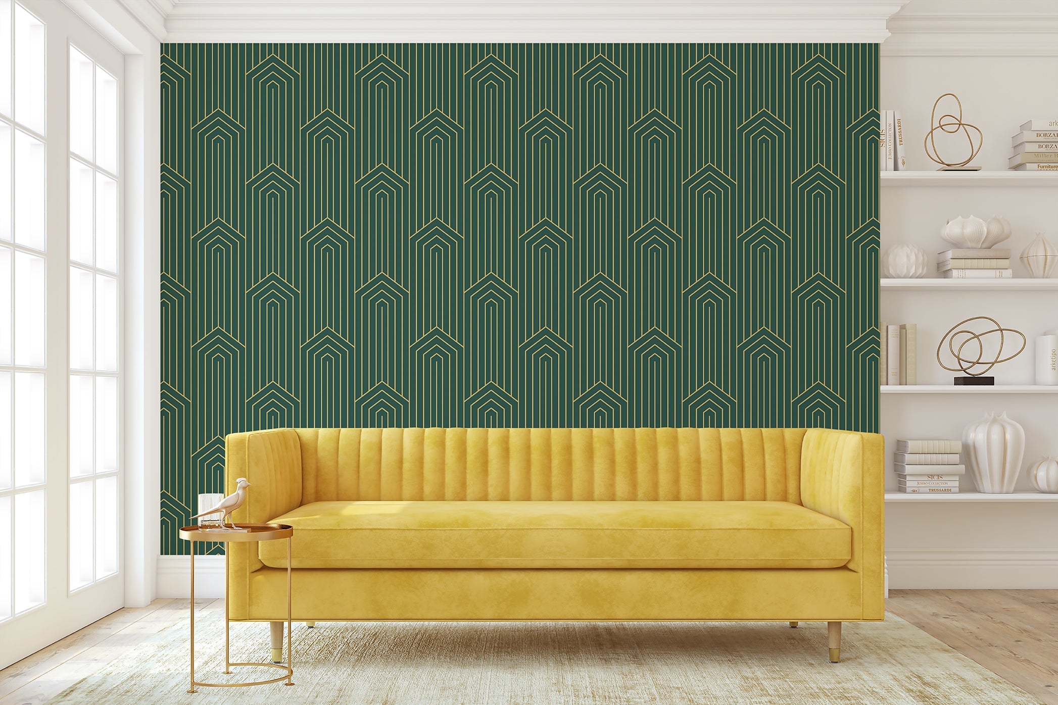 Golden Chevron Luxe Wallpaper in art deco style with gold geometric patterns on green background, enhancing modern interiors.