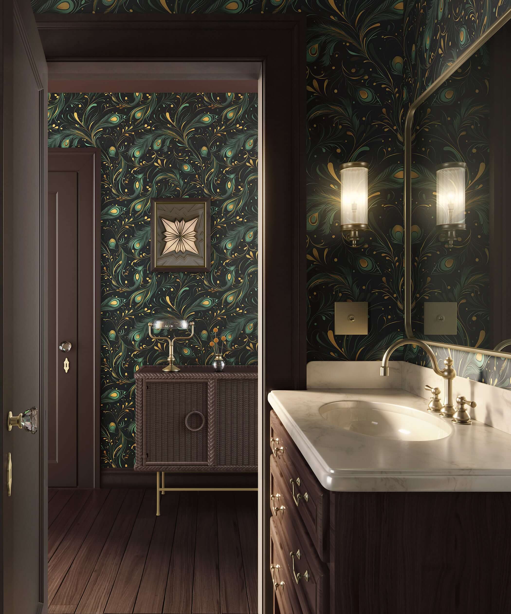 Bathroom with art deco design featuring teal and gold peacock feather wallpaper, enhancing modern aesthetics and elegance.