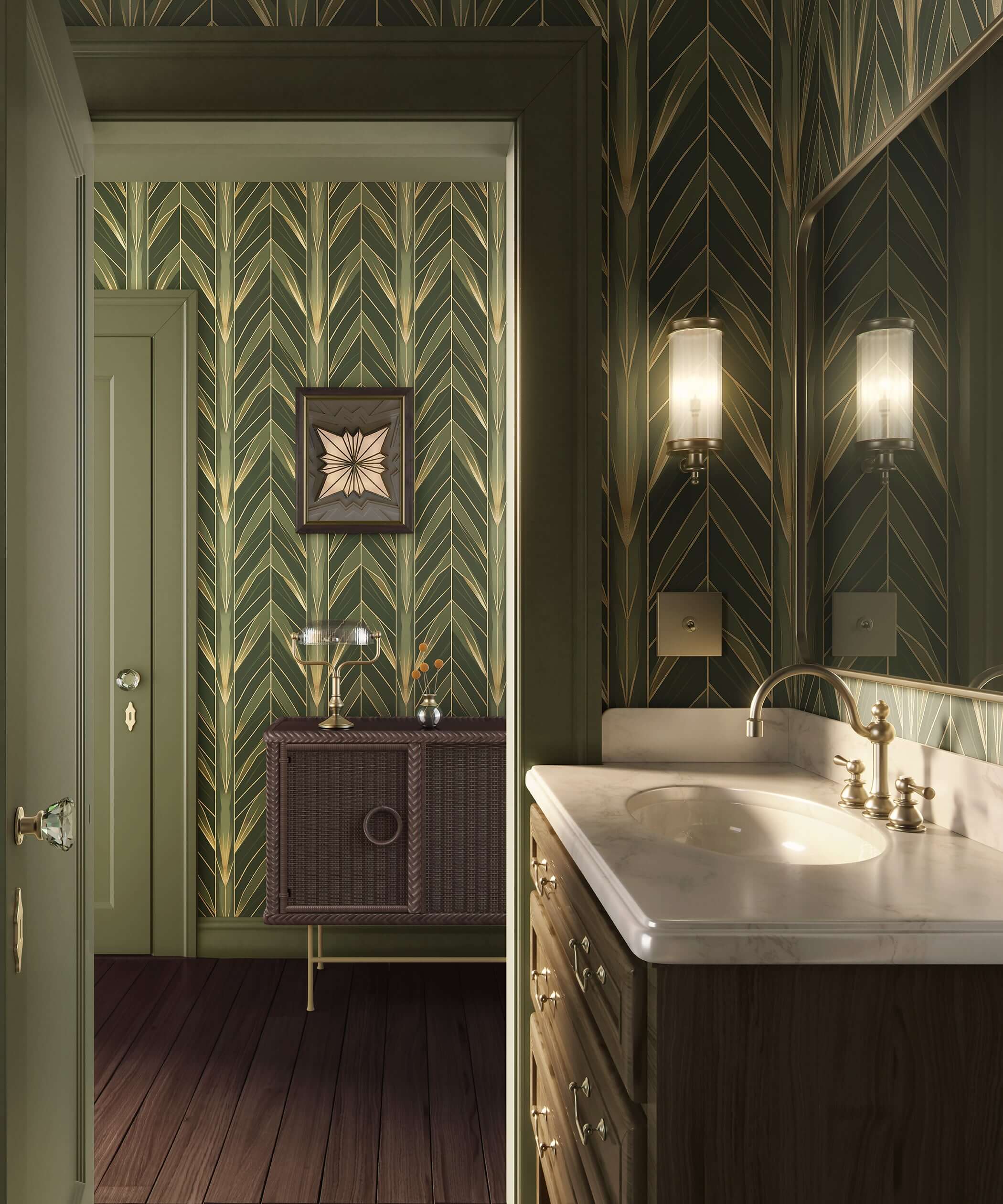 Luxurious bathroom with Golden Age Greenery art deco wallpaper featuring green botanical motifs and geometric gold details.