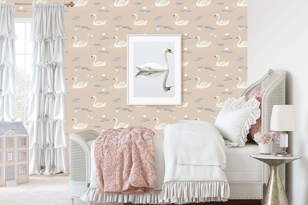 Dreamy Swan Lake wallpaper featuring elegant swans on taupe waters with lily pads, ideal for mid-century modern spaces.