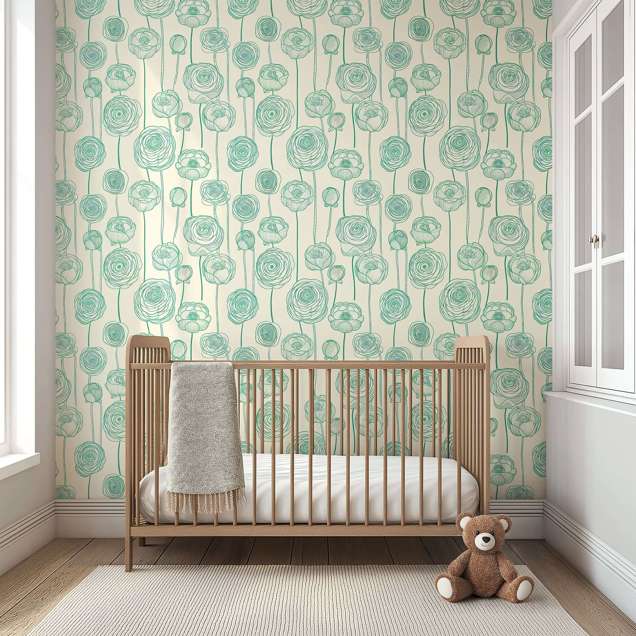 Green Garden Romance wallpaper with botanical floral green linework on cream background, enhancing modern design in a nursery.
