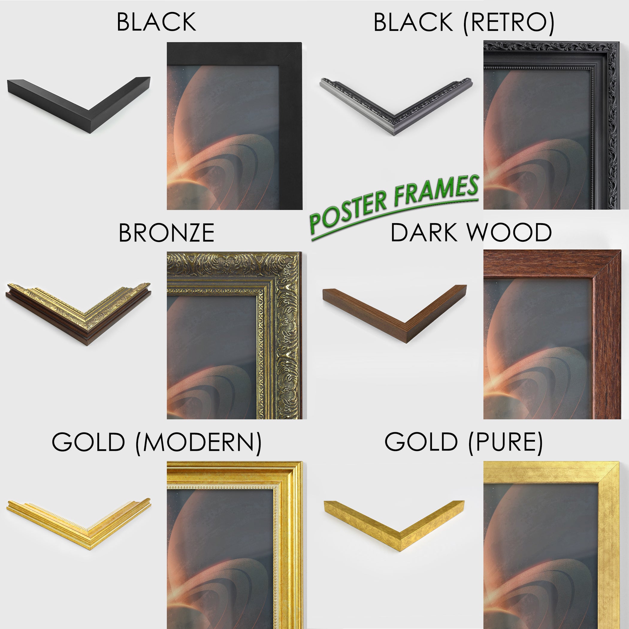 Various poster frames in black, bronze, dark wood, and gold styles for art display.