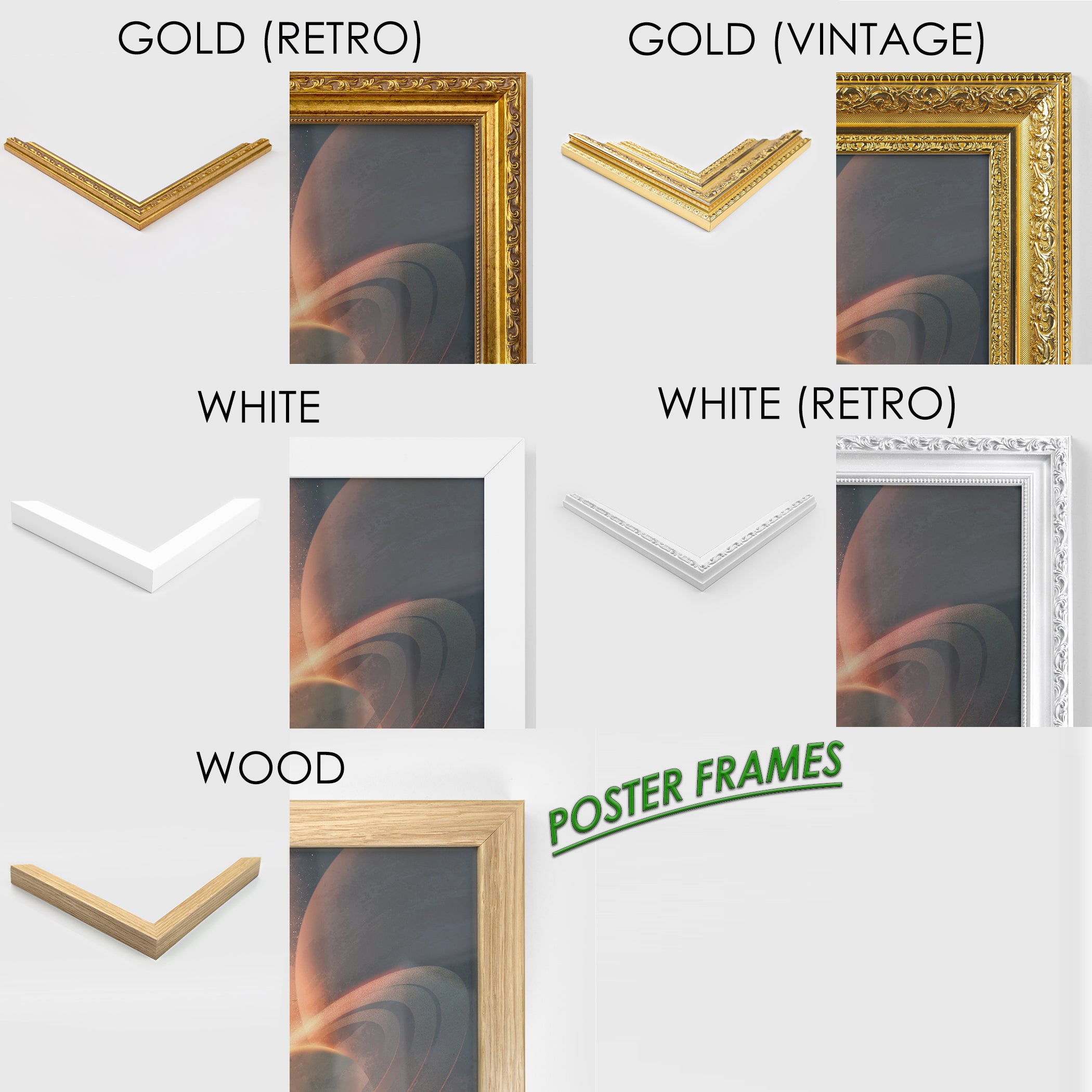 Variety of poster frames including gold, white, and wood finishes for displaying art.