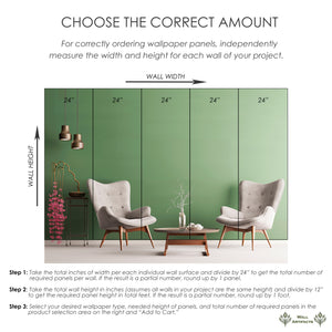 Diagram showing how to measure and order wallpaper panels with 24-inch width and 12-inch pattern repeat, including calculation steps.