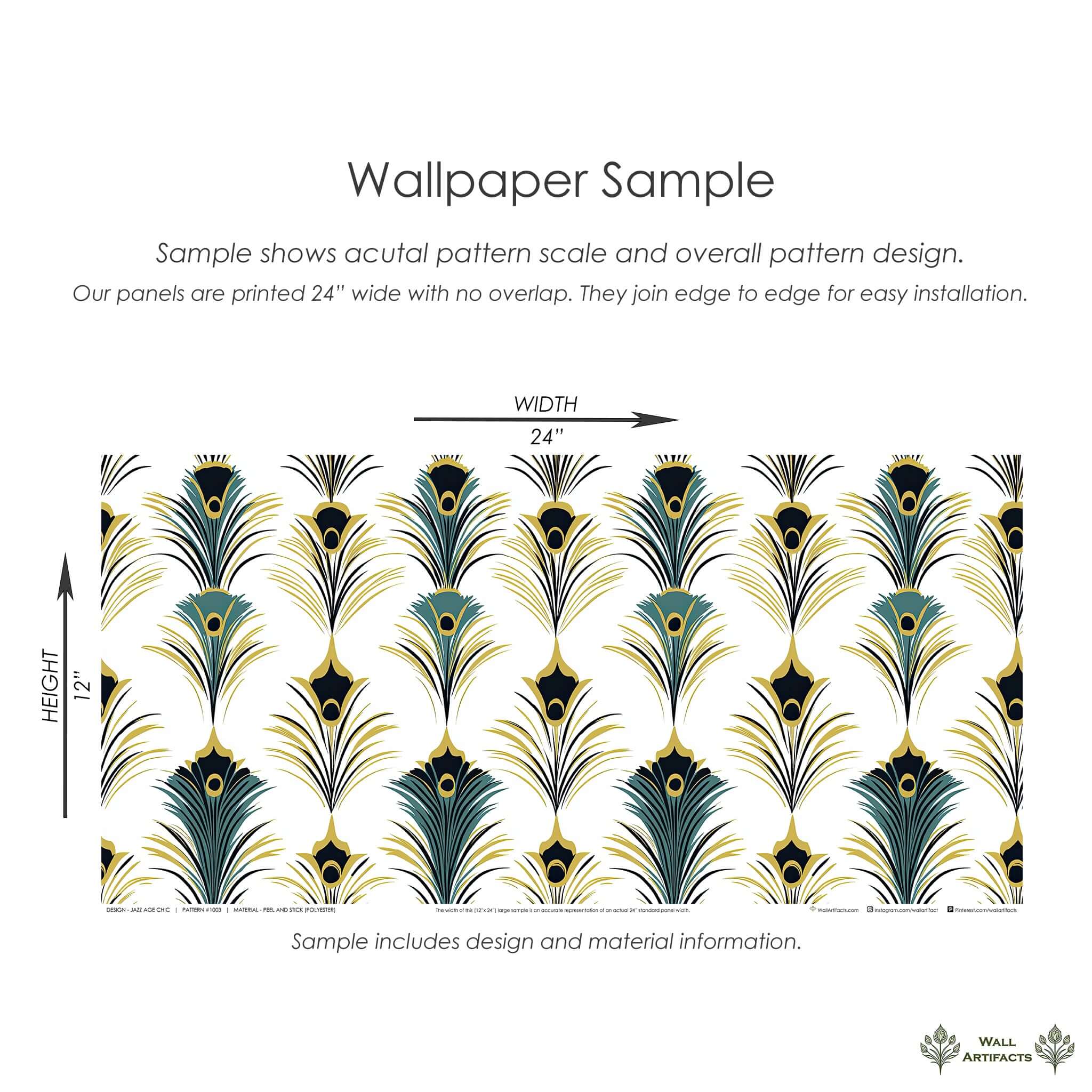 Art Deco wallpaper sample featuring peacock feather pattern in teal, gold, and black, ideal for Roaring Twenties inspired decor.