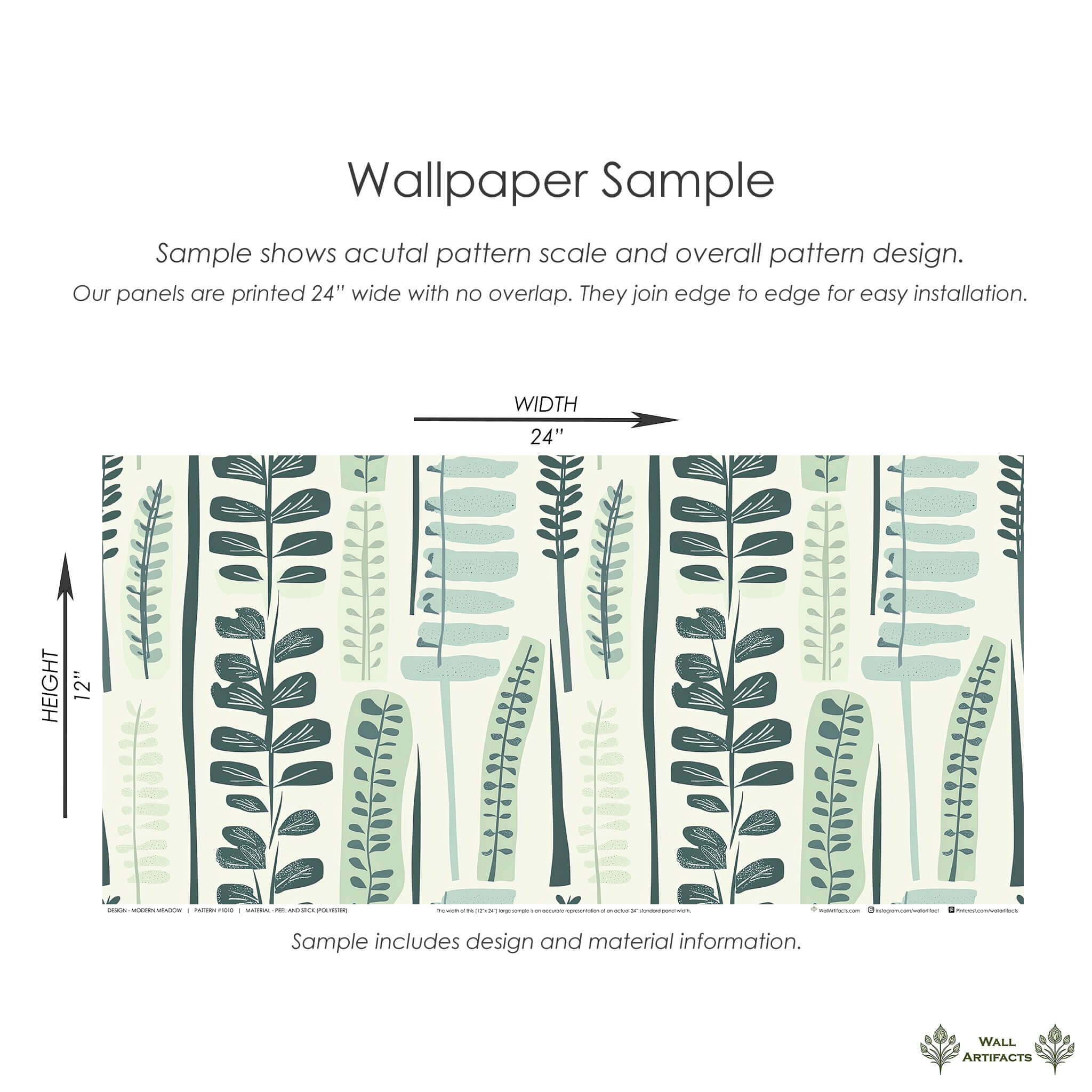 Modern Meadow Wallpaper with mid-century modern abstract leaves in calming greens for a retro, Scandinavian-inspired interior.
