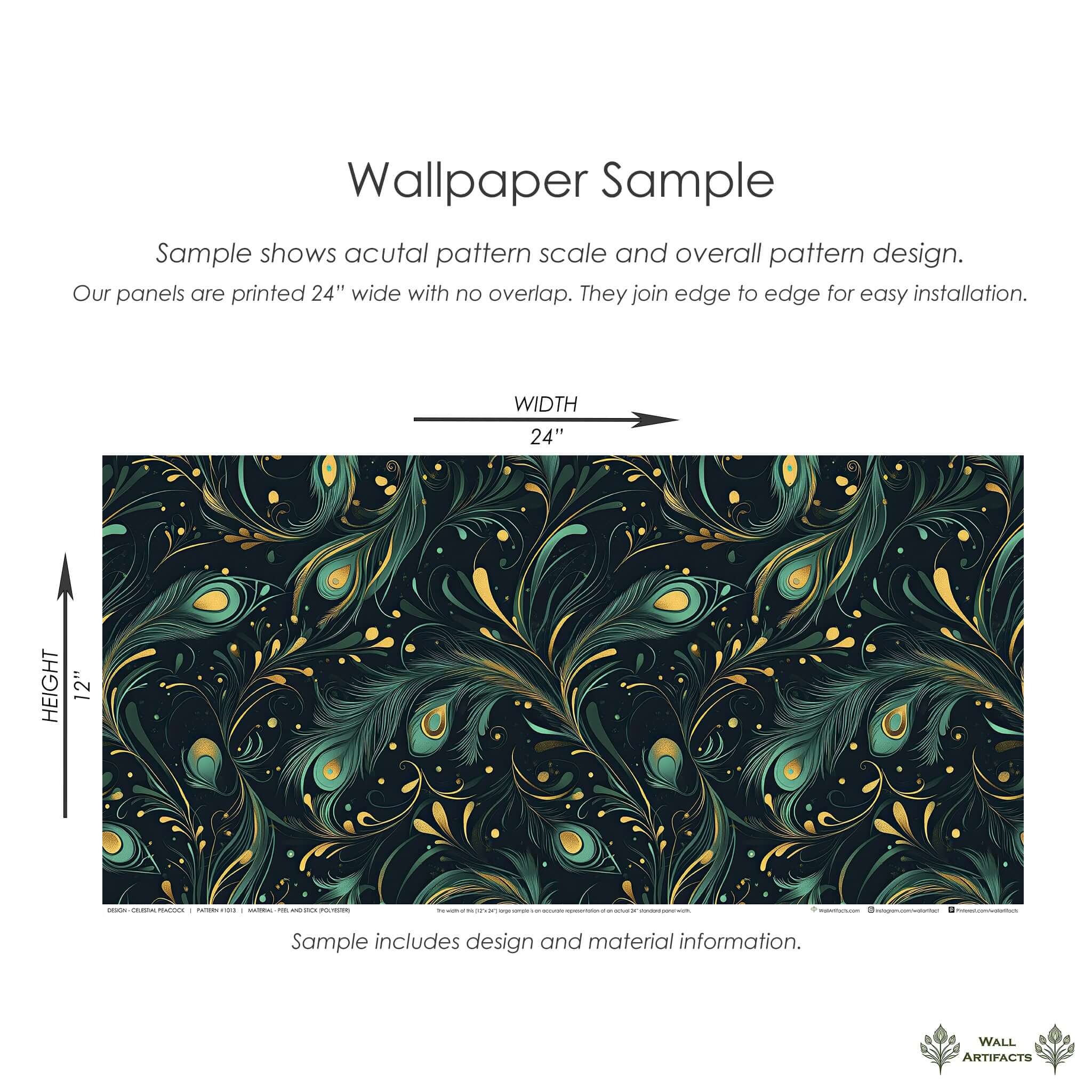 Celestial Peacock wallpaper sample with teal and gold peacock feathers, showcasing art deco and modern design for elegant interiors.