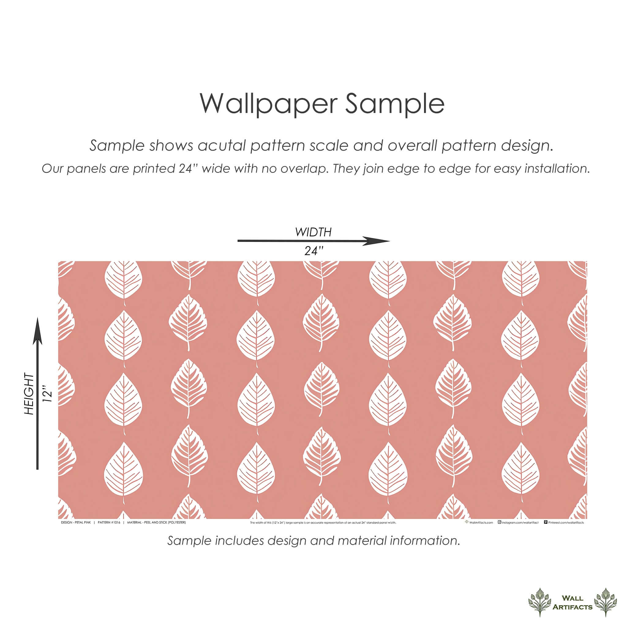 Petal Pink Wallpaper Sample with white leaf pattern; modern and abstract design for nurseries, playrooms, or offices.