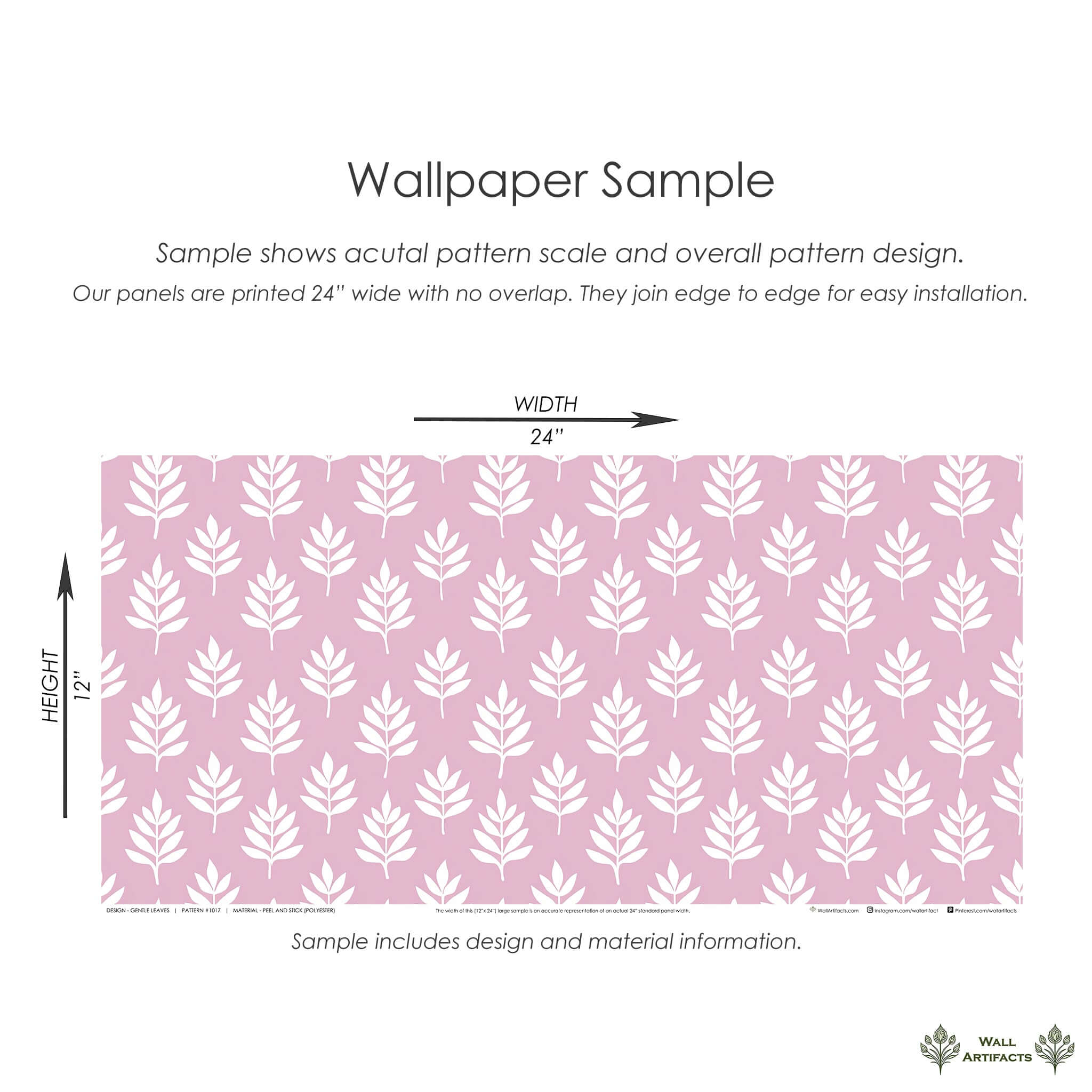 Pink wallpaper sample with white abstract leaf pattern by Wall Artifacts, perfect for modern nursery or playroom design.