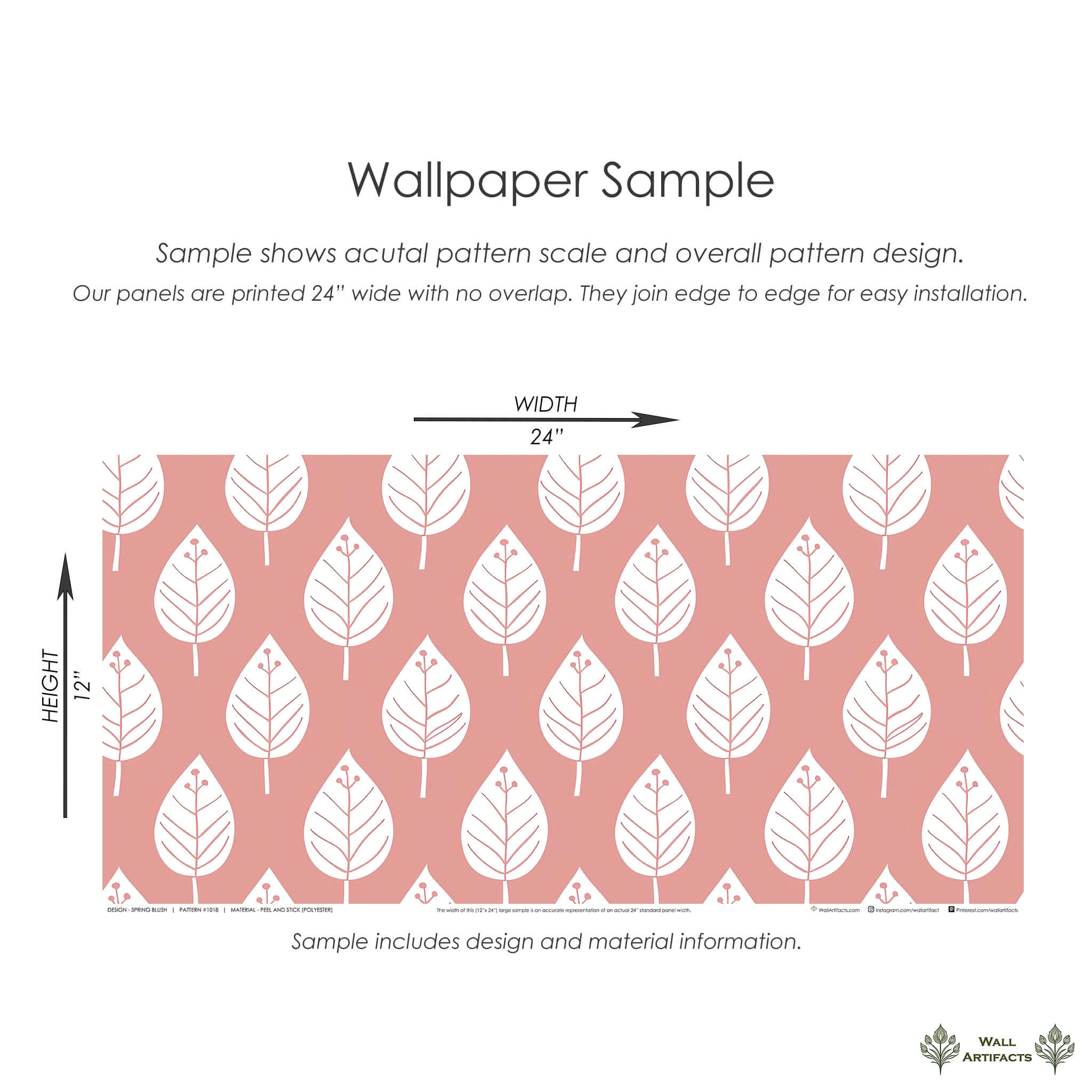 Spring Blush botanical wallpaper with white leaves on blush-pink background, perfect for nurseries and playrooms. Modern abstract design.