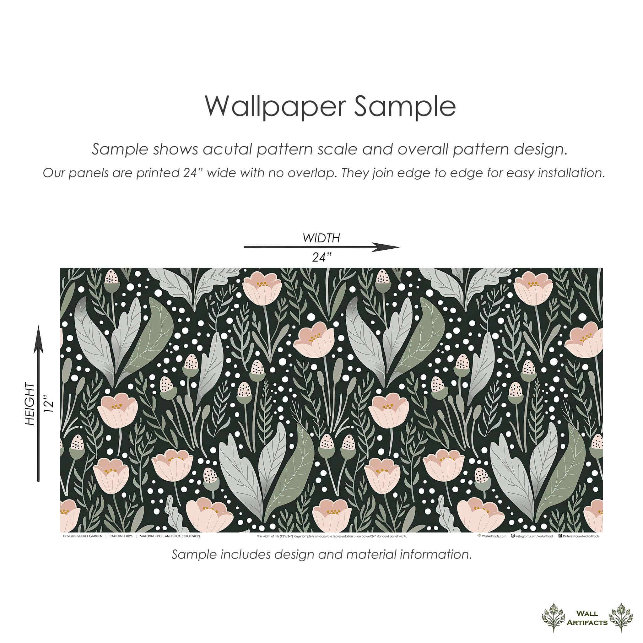 Secret Garden wallpaper sample featuring pink flowers, emerald leaves, perfect for cottagecore, nurseries, or playrooms.