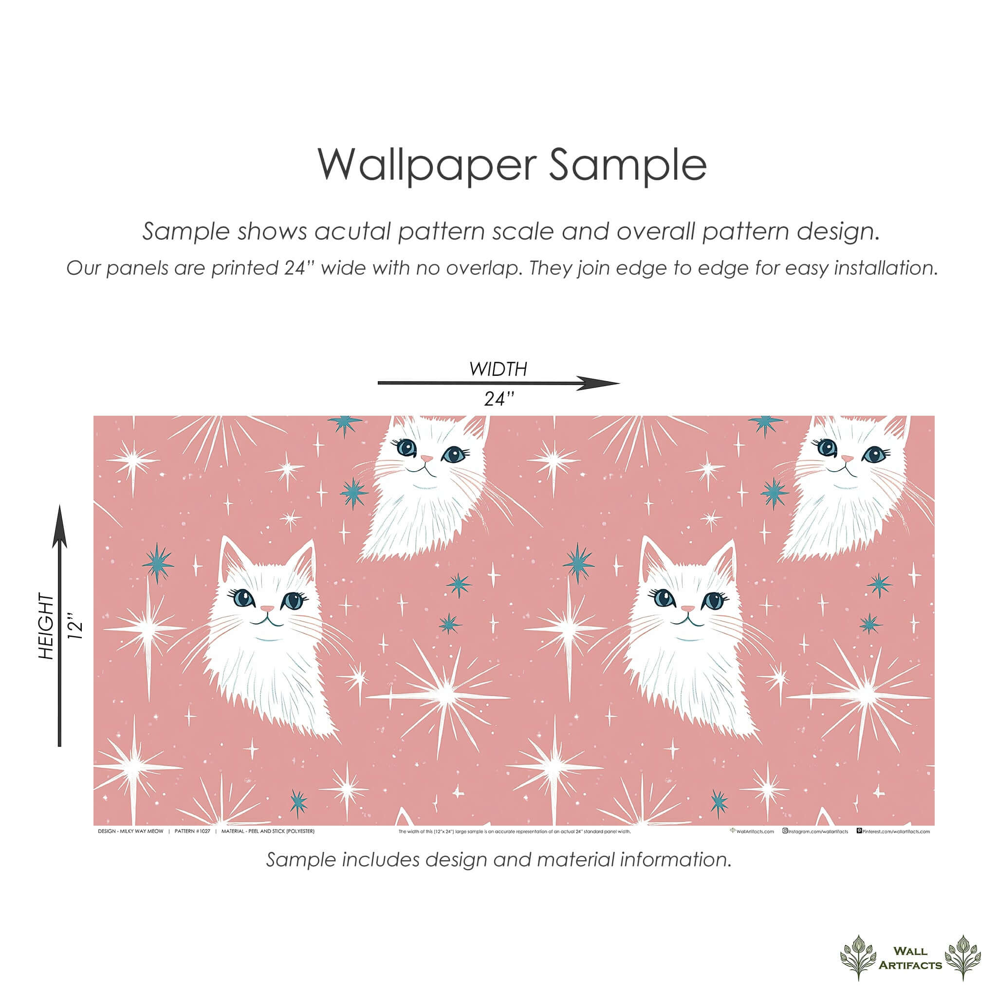 Mid-century modern wallpaper with fluffy white cats and starbursts on dusty pink, ideal for children's nursery or playful studio decor.