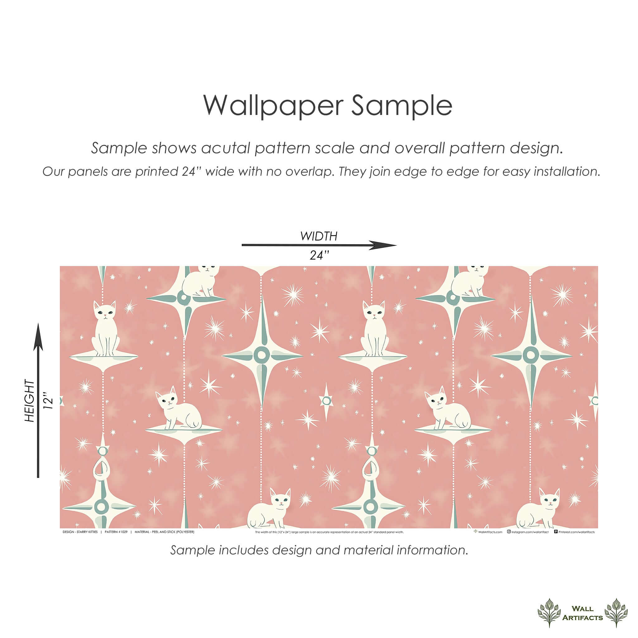 Retro mid-century modern wallpaper with white cats and starbursts, perfect for nurseries or children's rooms. "Starry Kitties" design.