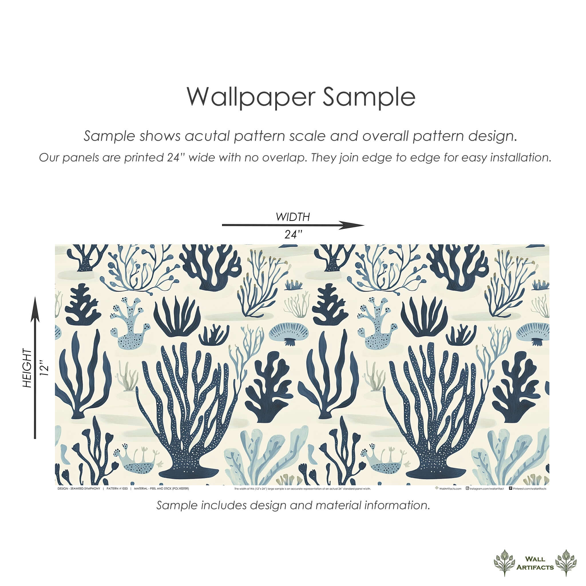 Seaweed Symphony wallpaper sample with navy and seafoam ocean patterns, creating coastal and maritime ambiance for any space.