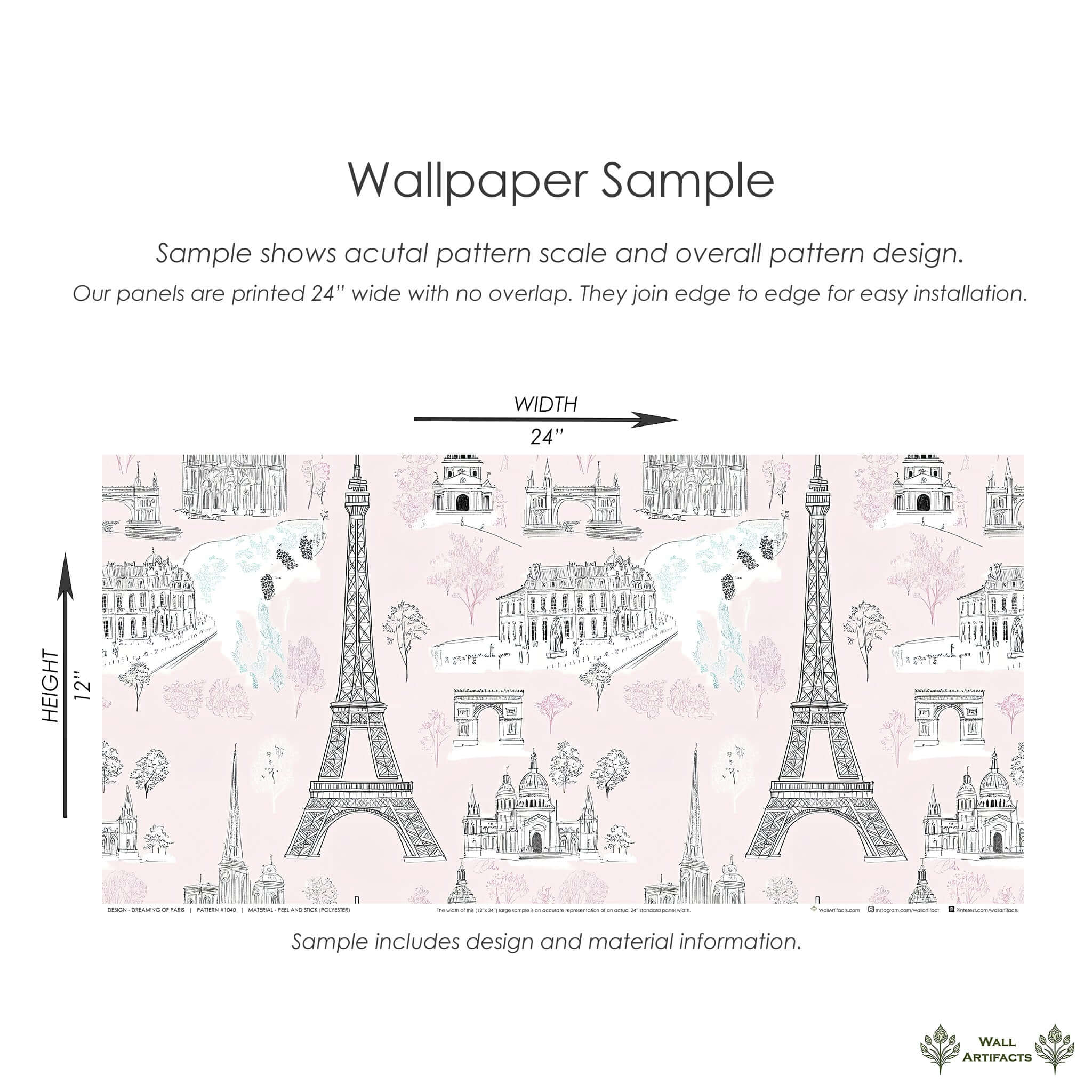 Dreaming of Paris wallpaper sample featuring Eiffel Tower, Arc de Triomphe in pink toile design, perfect for nurseries or playrooms.