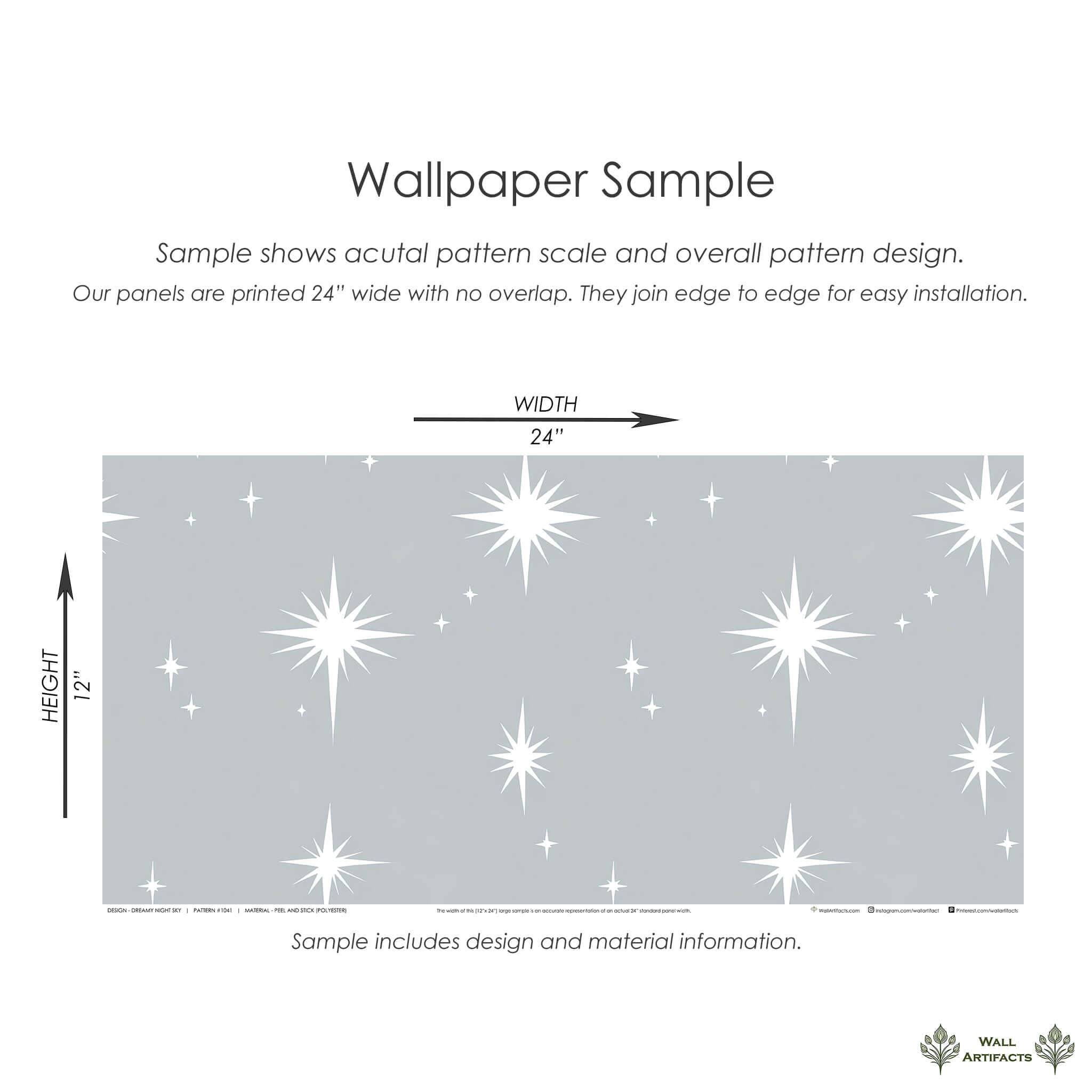 Wallpaper sample of 'Dreamy Night Sky' with white stars on gray background, ideal for children's rooms and nurseries.