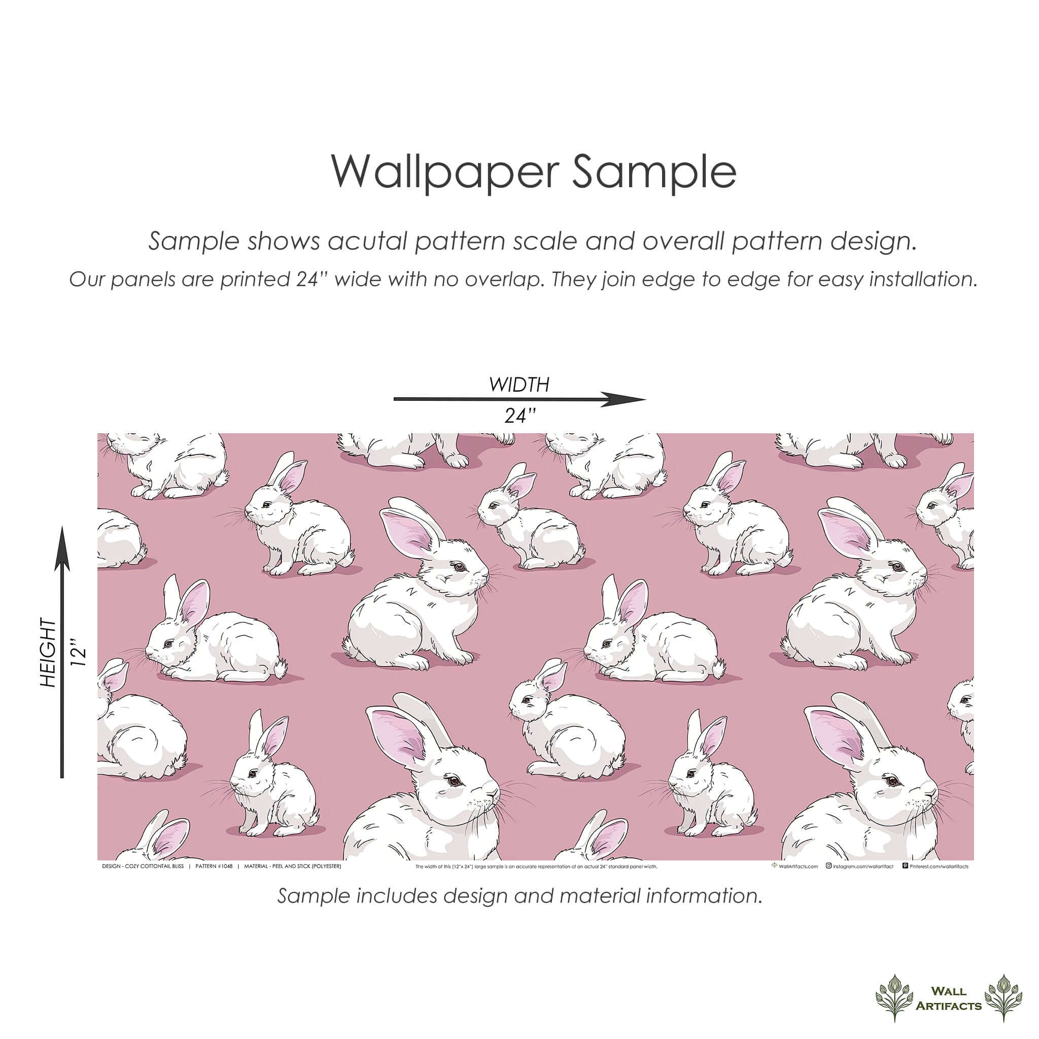 Cozy Cottontail Bliss Wallpaper sample with white rabbits and mauve-pink background, ideal for children's nursery or playroom decor.