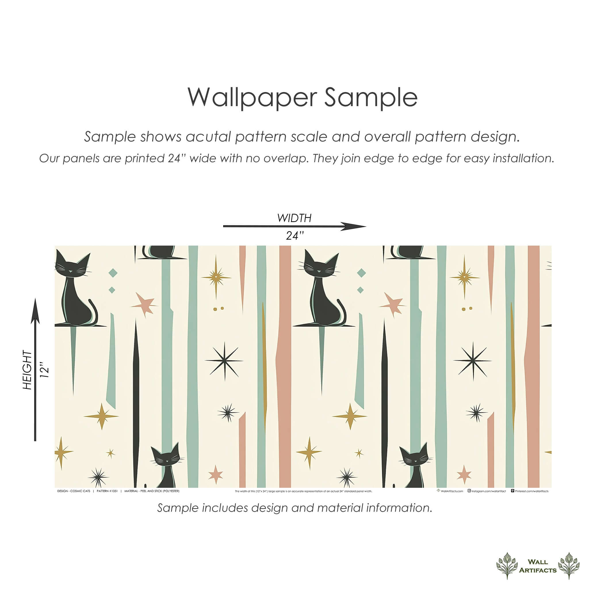 Cosmic Cats Wallpaper sample with black cats, starbursts, and pastel shapes, ideal for mid-century modern playrooms or nursery.