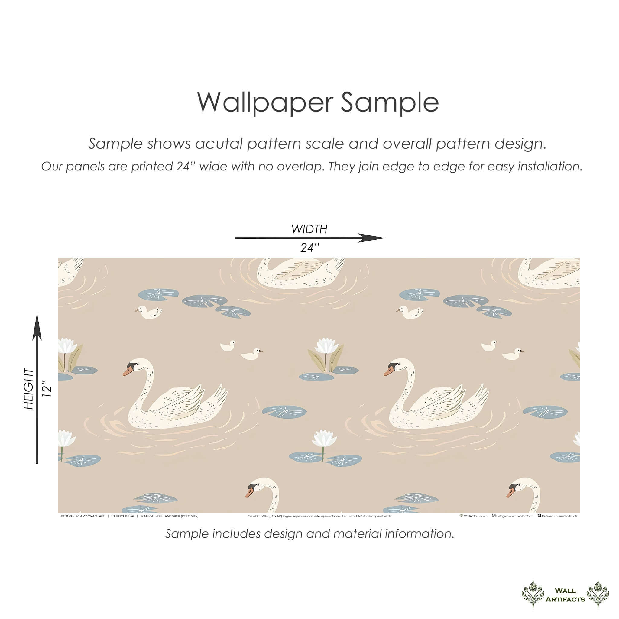 Dreamy Swan Lake wallpaper sample with swans, lily pads, and flowers in a mid-century modern design from Wall Artifacts.