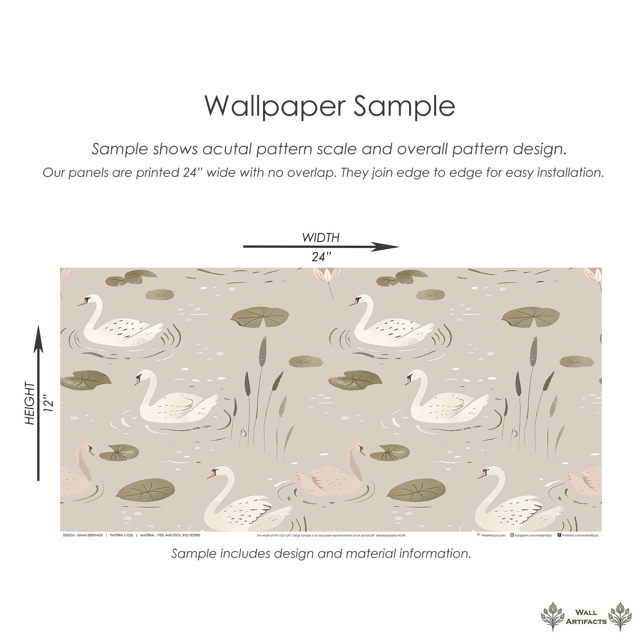 Sample of Swan Serenade Wallpaper featuring swans, lilies, and pond elements in a mid-century modern design, size 24x12 inches.