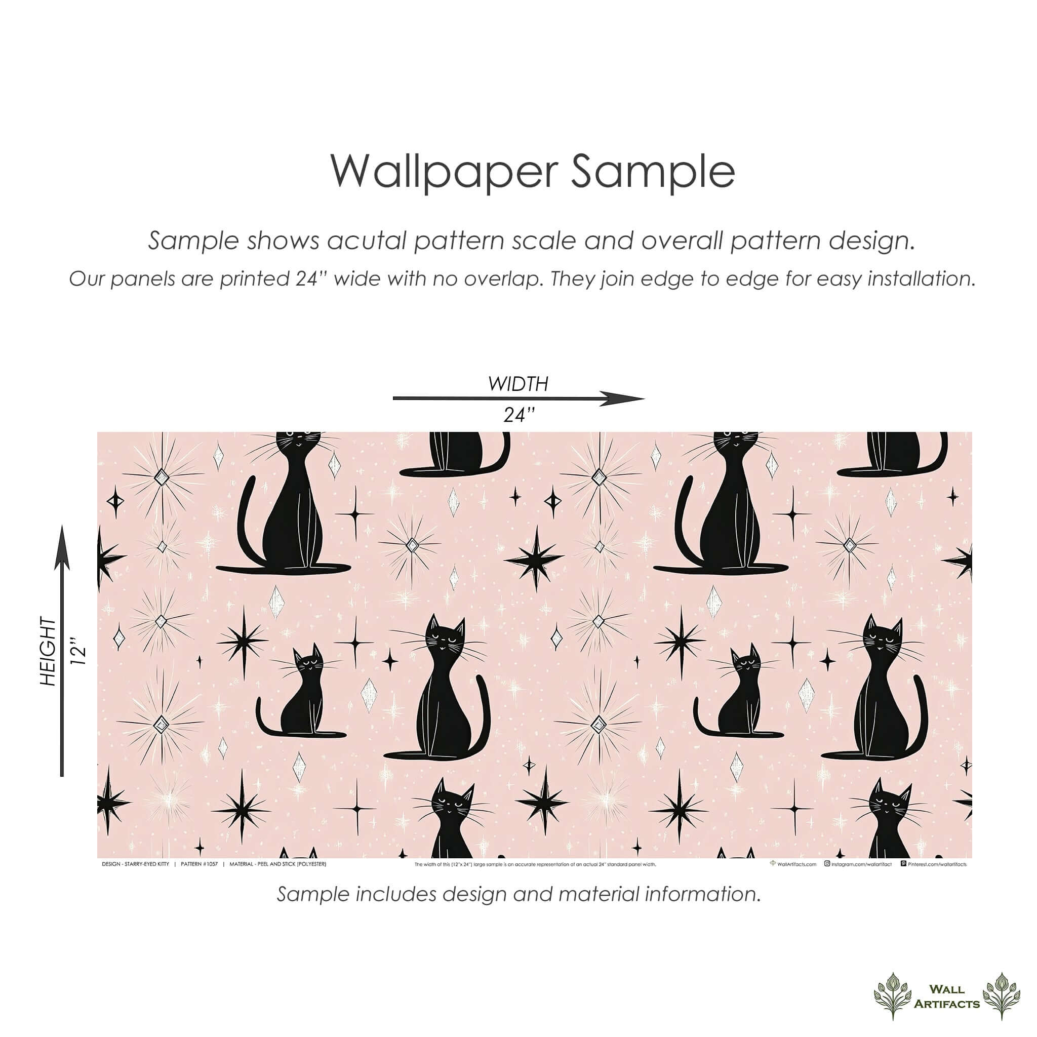 Chic mid-century modern wallpaper with black cats, starbursts, and diamonds on pink; perfect for nurseries and playrooms, 24x12 sample.