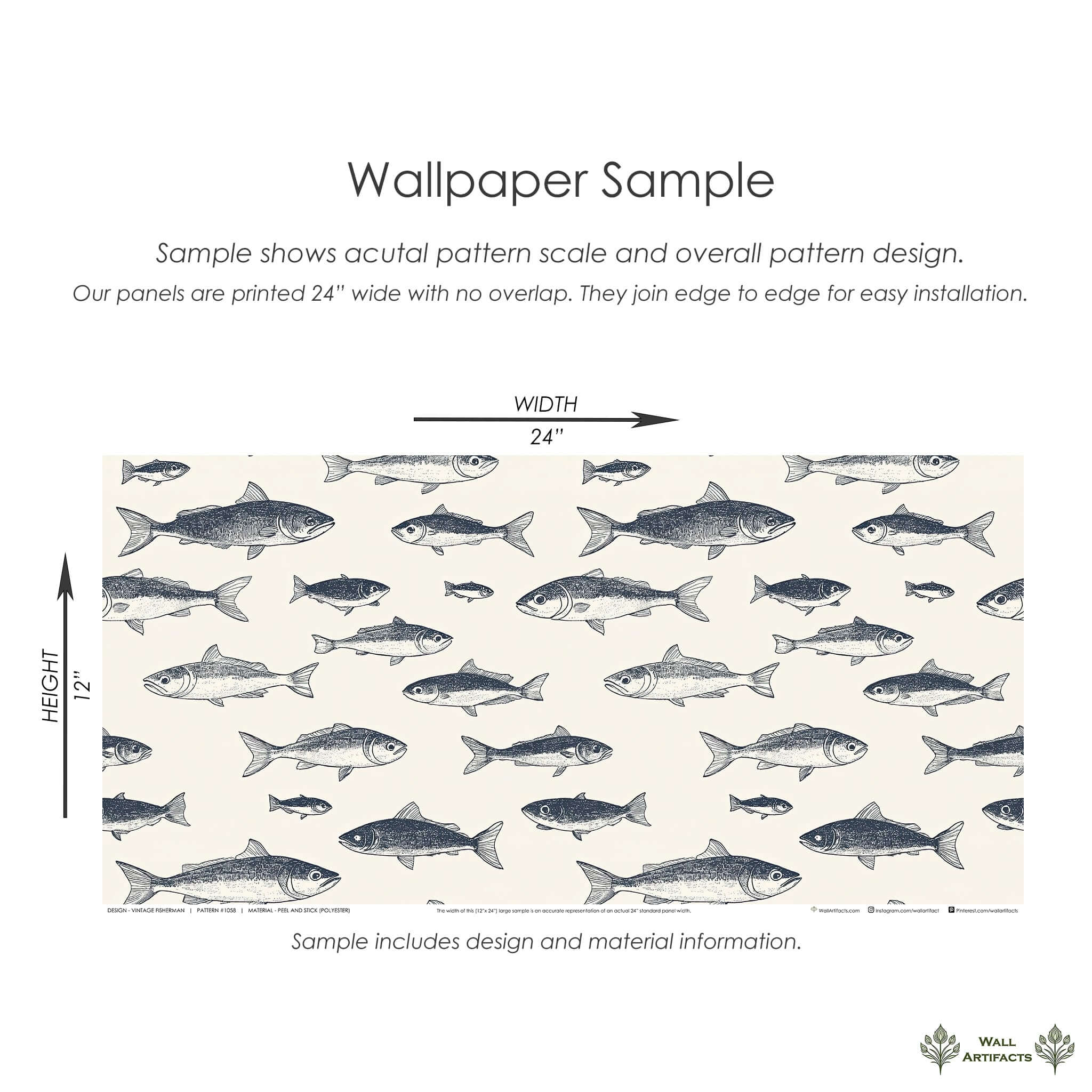 Vintage fisherman wallpaper sample with hand-drawn fish, showcasing elegant coastal ocean design for bathrooms and kitchens.