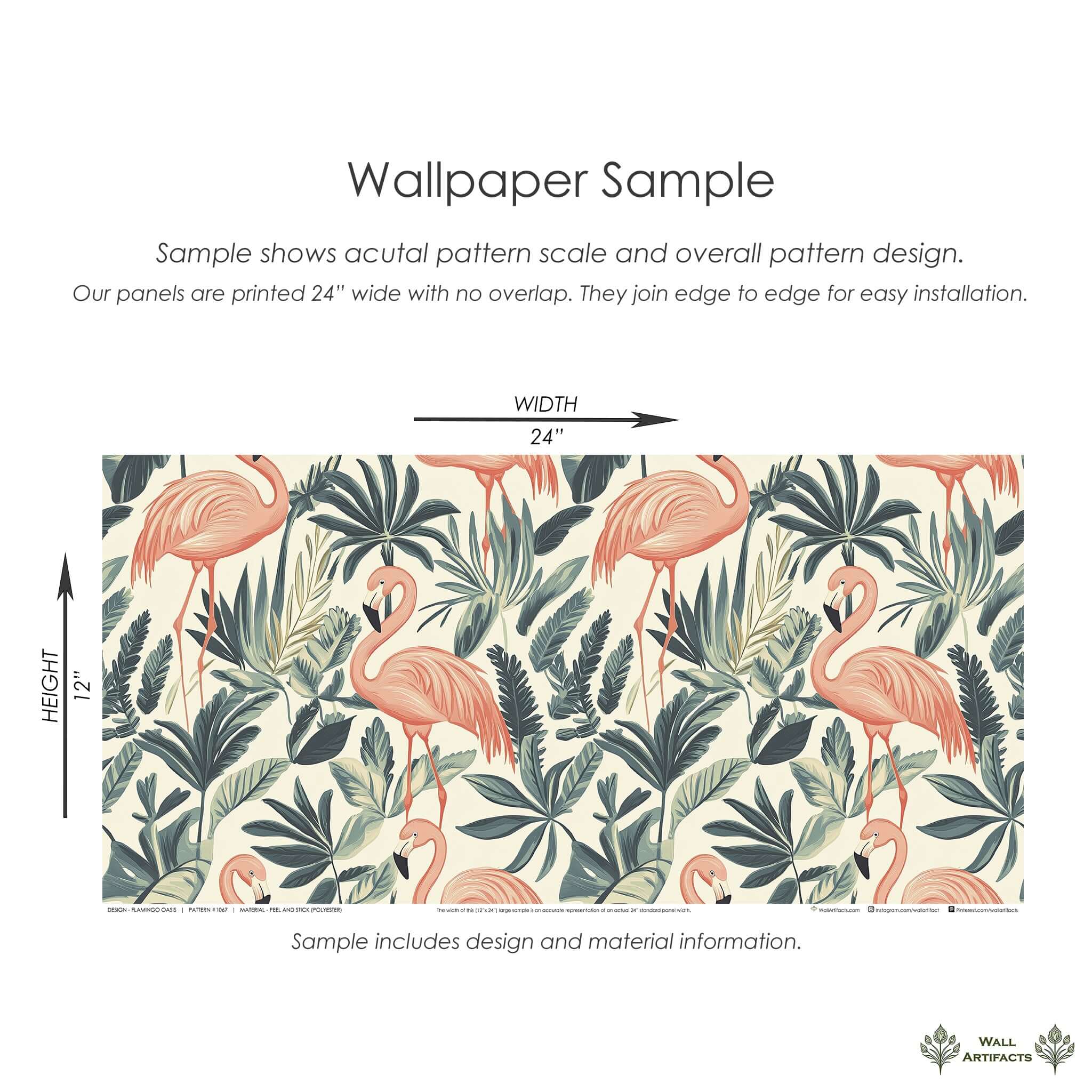 Flamingo Oasis Wallpaper sample with mid-century modern coastal design featuring flamingos and tropical greenery. 24x12 inches.