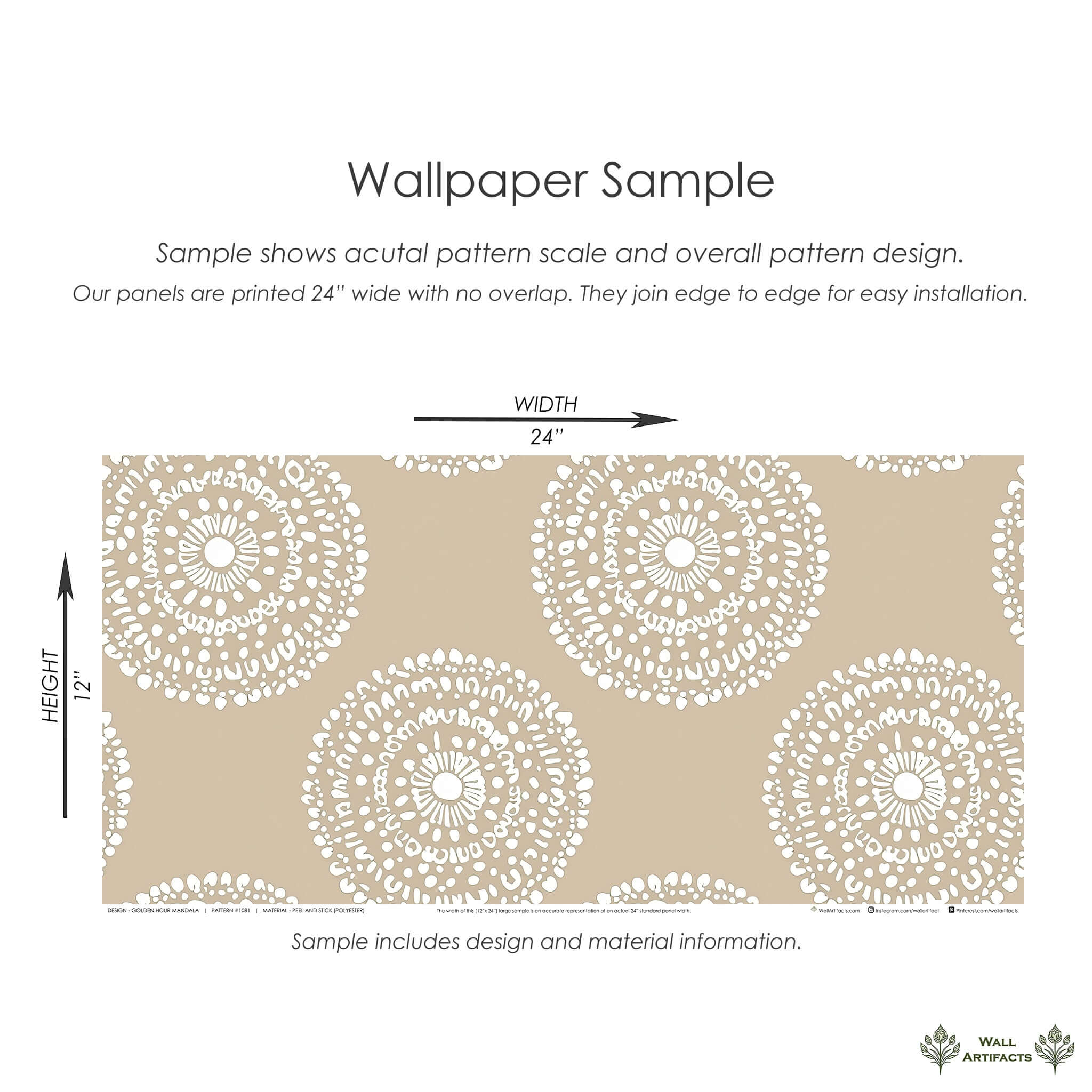 Golden Hour Mandala Wallpaper sample with modern circles and mandalas design, featuring golden beige hues and soft white background.