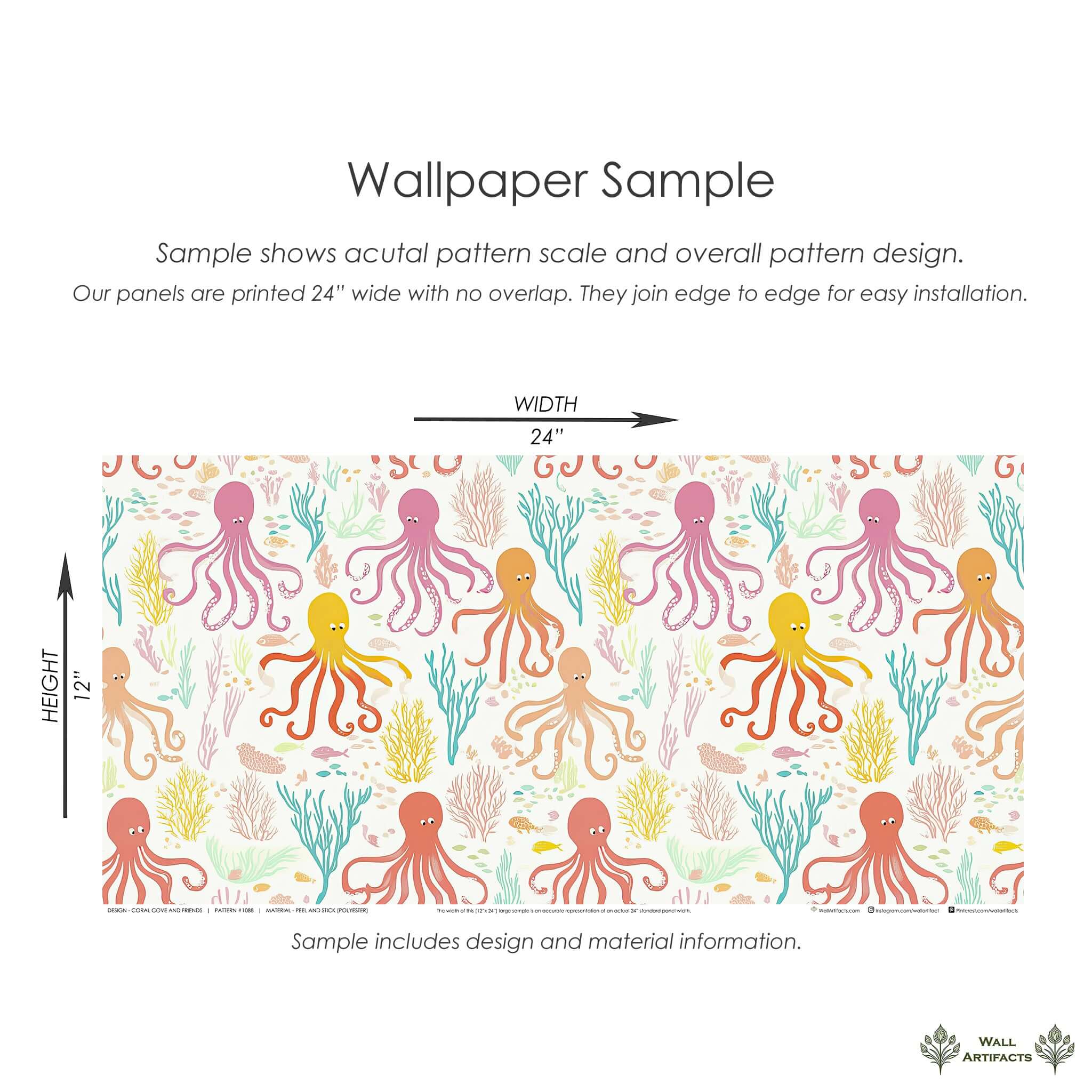 Coral Cove and Friends Wallpaper: playful octopus and vibrant coral for coastal children's nursery or playroom, 24"x24" sample.