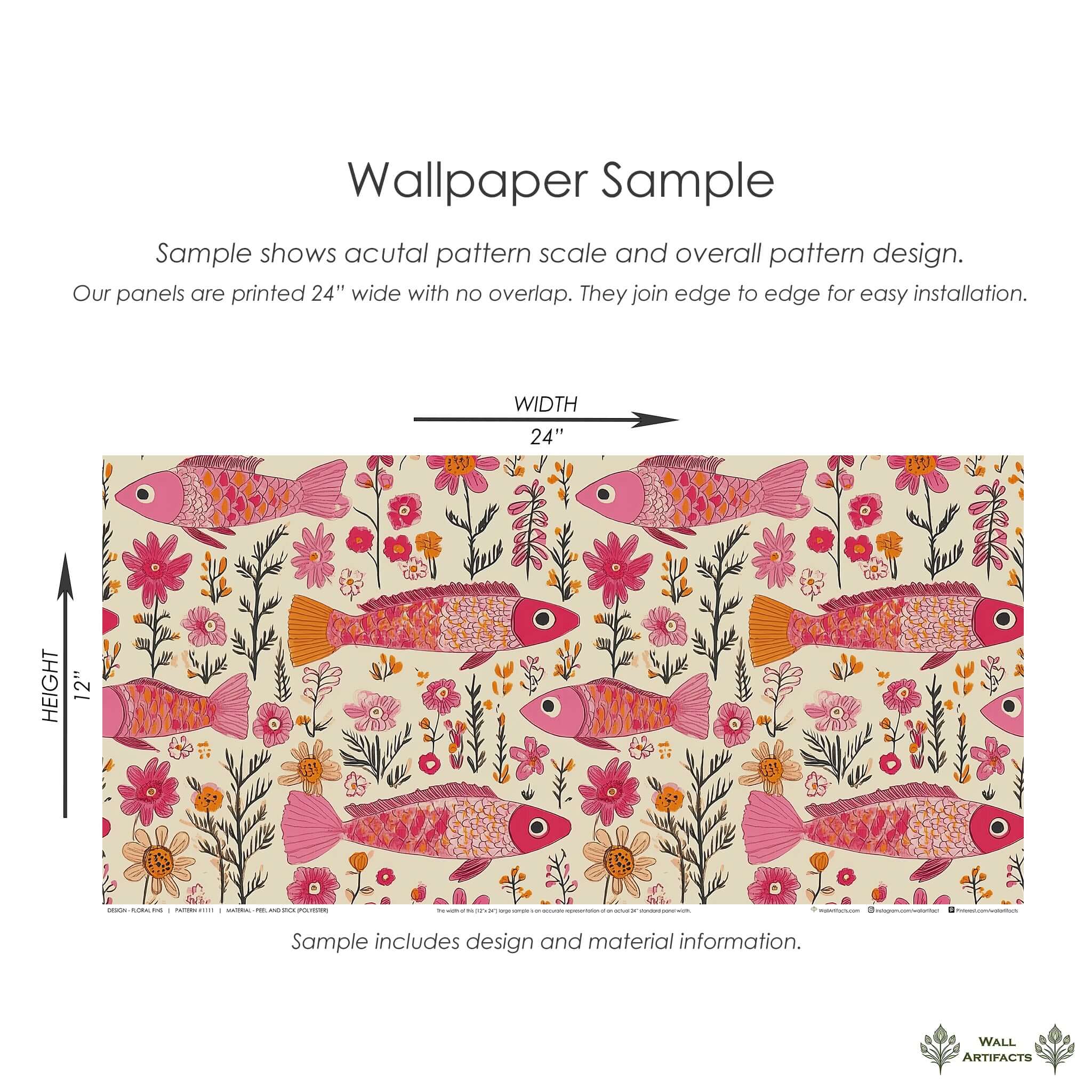 Floral Fins coastal wallpaper sample with whimsical pink fish and vibrant florals in shades of fuchsia, coral, and orange.