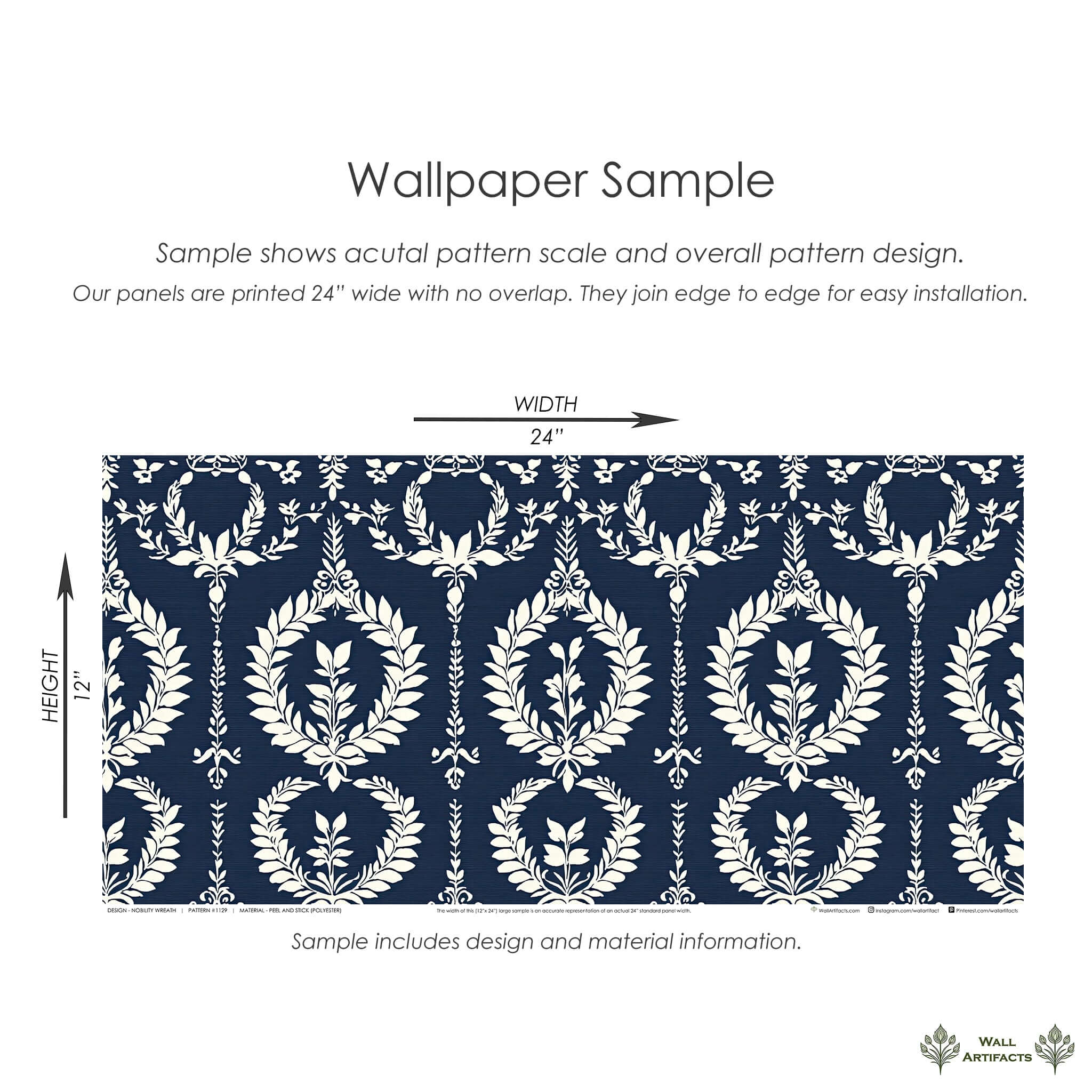 Elegant navy wallpaper with ivory laurel wreaths by Wall Artifacts, showcasing traditional florals for sophisticated interiors.