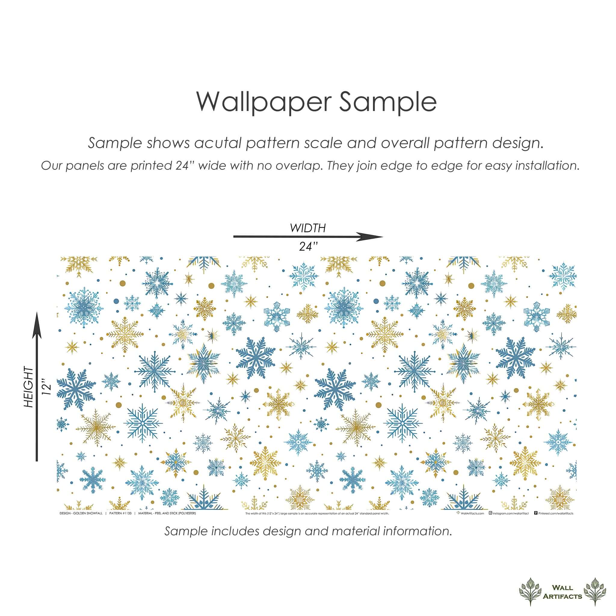 Golden Snowfall Wallpaper sample with mid-century modern gold and blue snowflakes on white, available at Wall Artifacts.