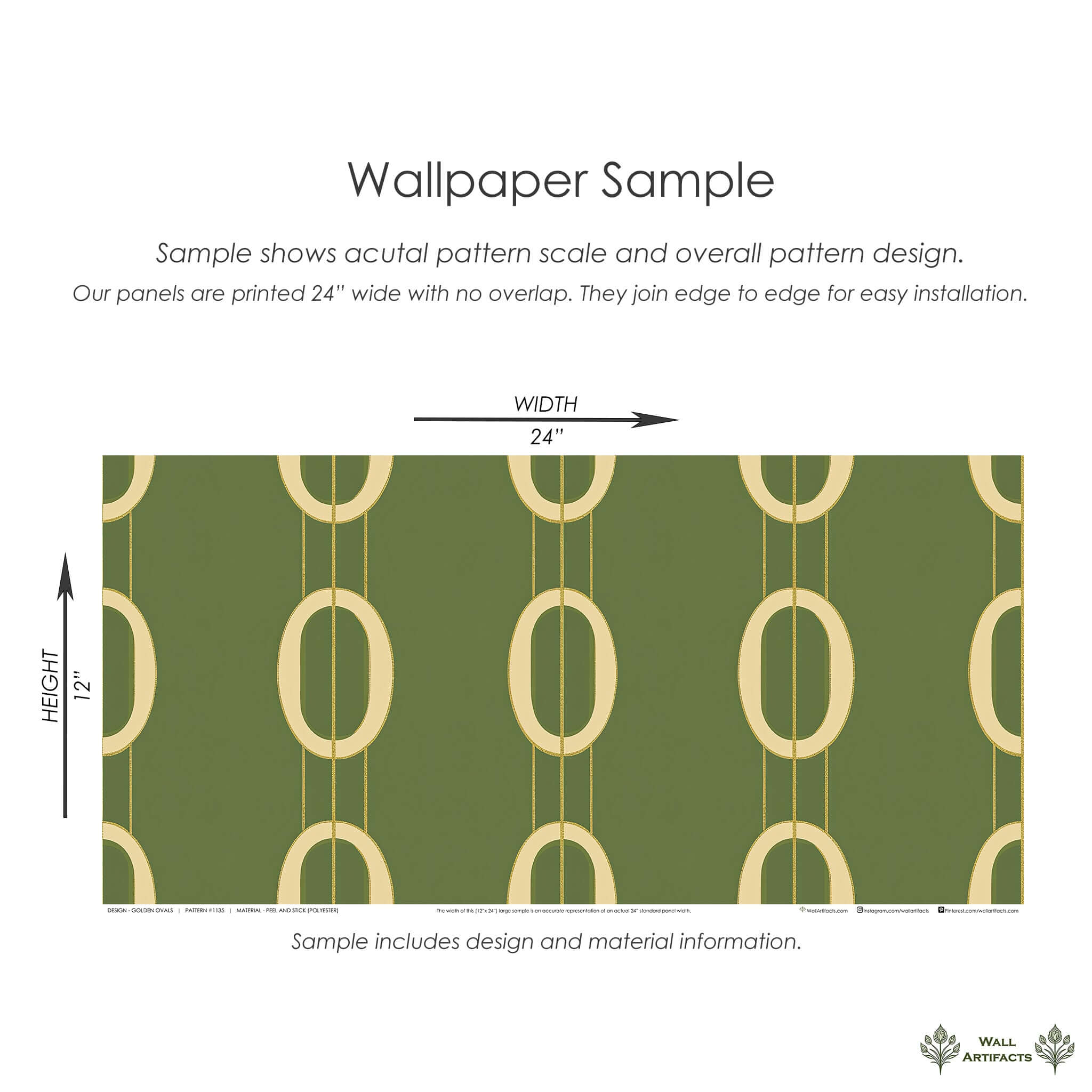 Golden Ovals mid-century modern wallpaper sample with interlocking gold ovals on olive-green background, 24x12 inch panel from Wall Artifacts.