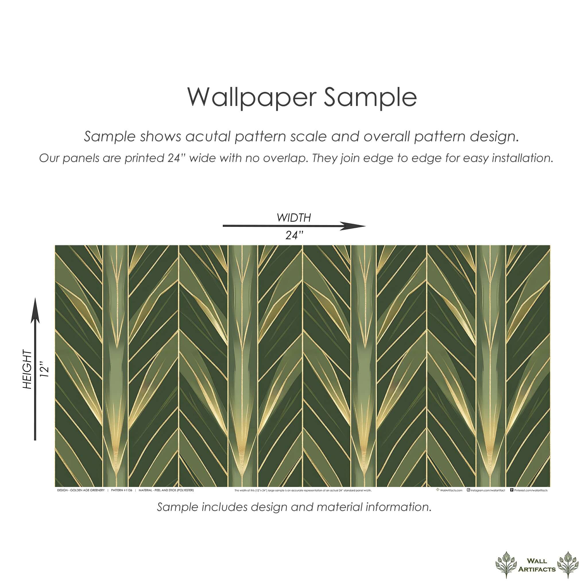 Golden Age Greenery art deco wallpaper sample with green botanical motifs and gold details, showcasing 24x12-inch design scale.