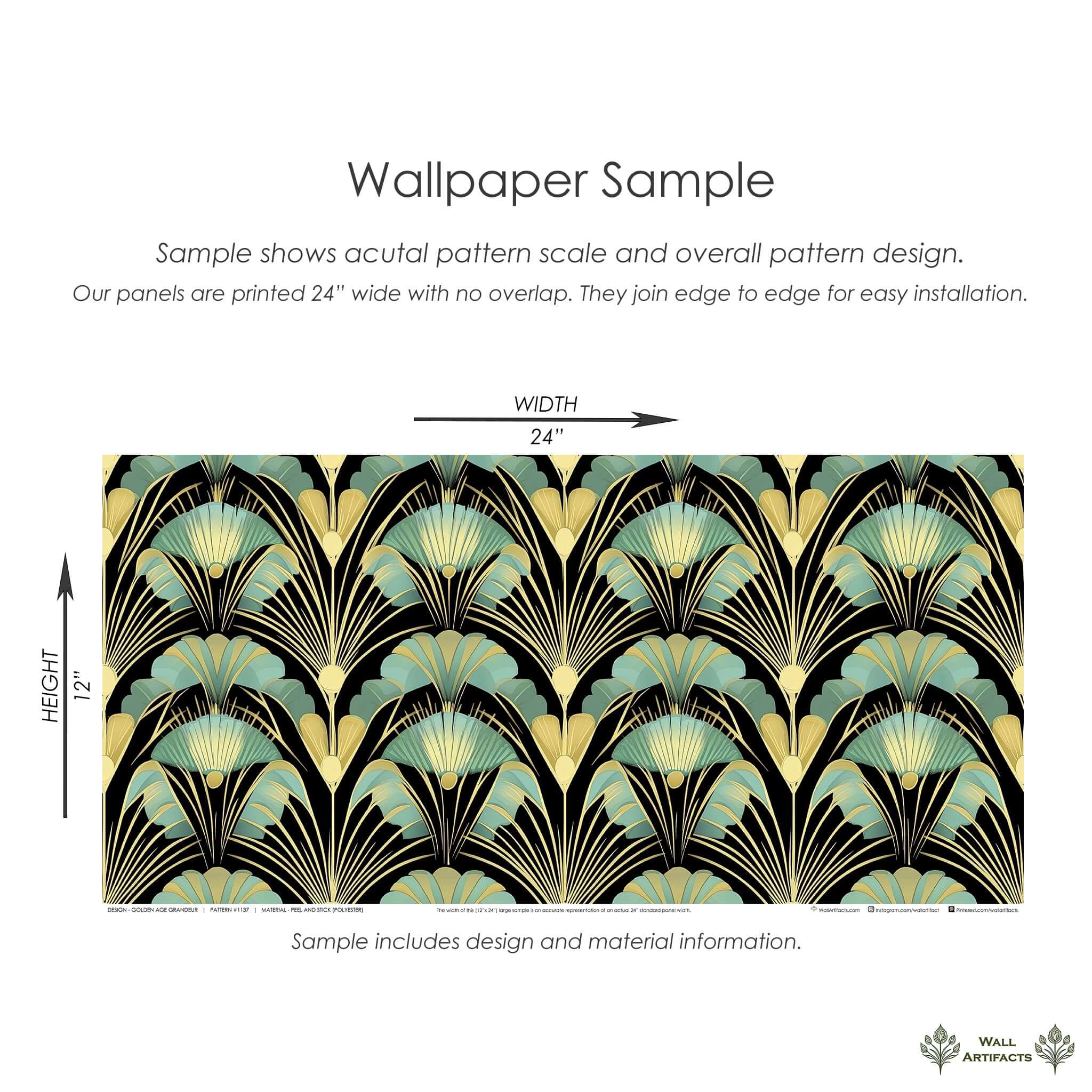 Art Deco wallpaper sample with jade and gold fan motifs on black backdrop, showcasing design scale and installation details.