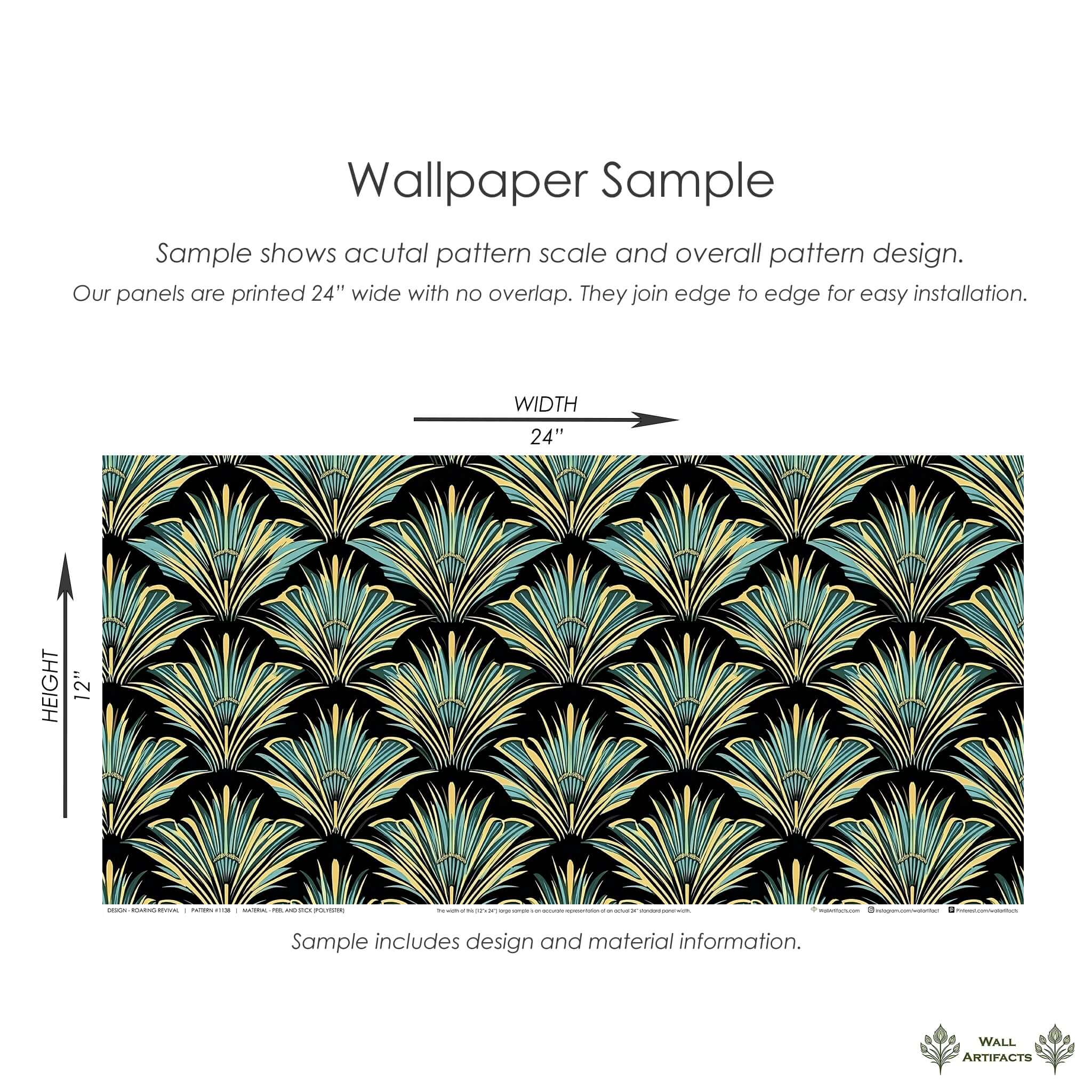 Art Deco wallpaper sample with teal, gold, and black fan pattern, 24" x 12" dimensions, ideal for sophisticated interiors.