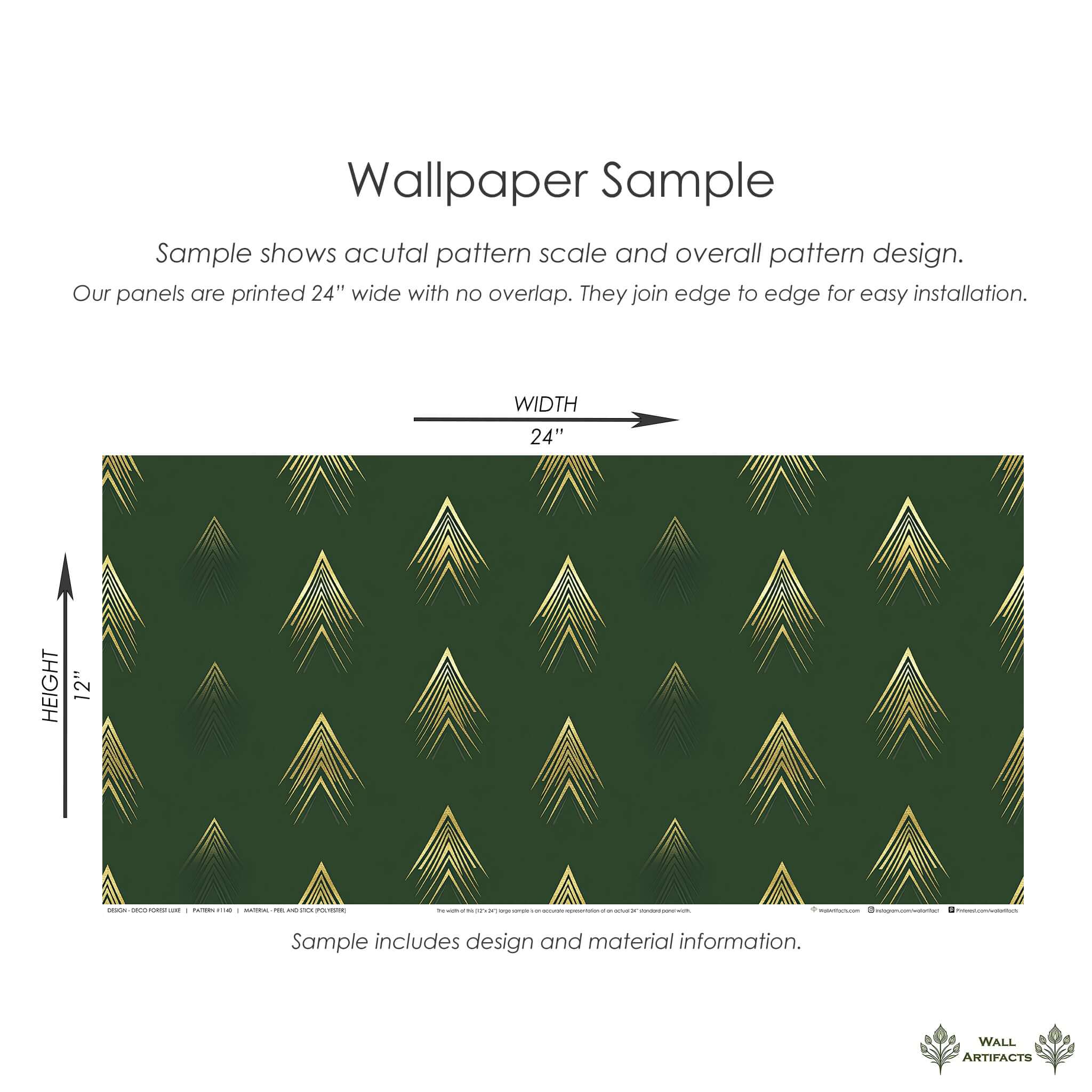Deco Forest Luxe wallpaper sample featuring Art Deco golden arrow pattern on forest green background.