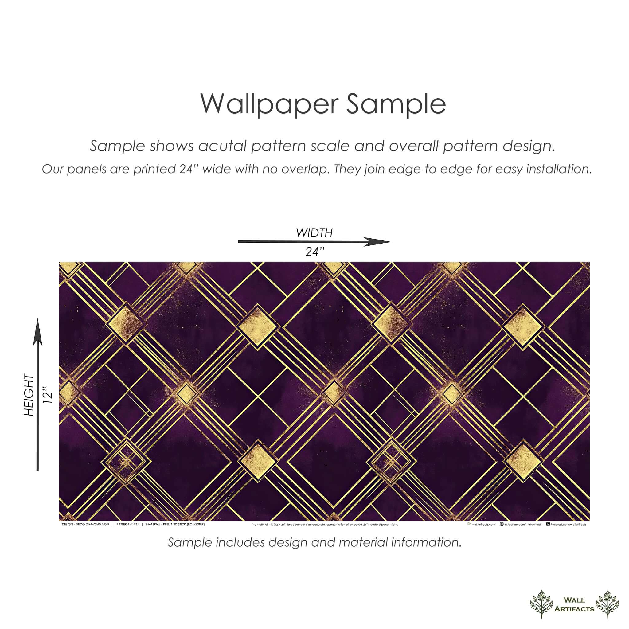 Deco Diamond Noir Art Deco wallpaper sample with plum and gold geometric diamond patterns, 24x12 inches. Perfect for vintage decor.