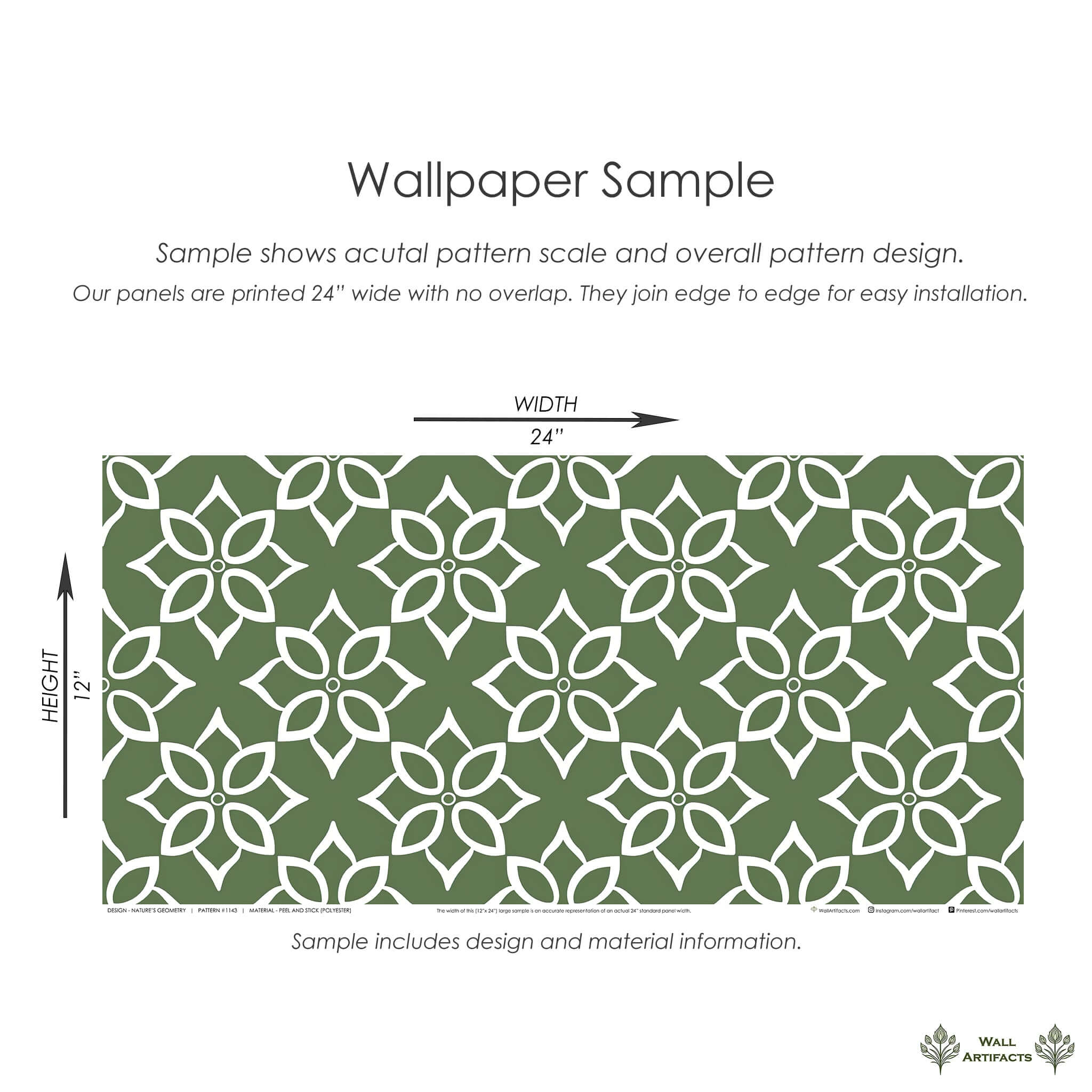 Modern geometric tile wallpaper sample with white floral shapes and sage green background, ideal for accent walls.