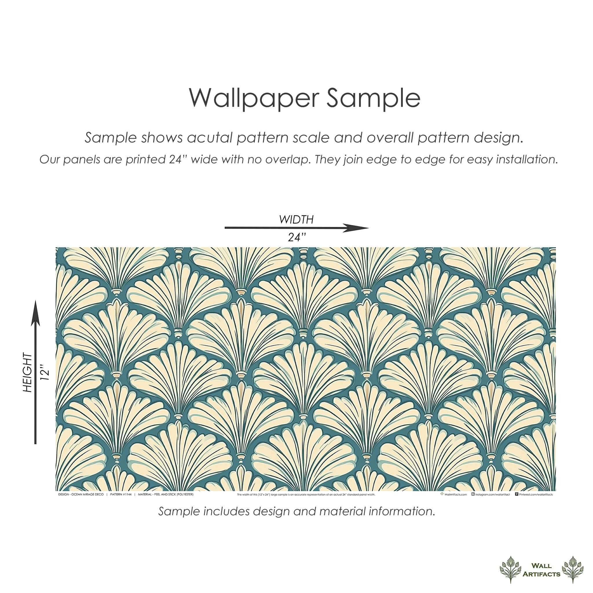 Ocean Mirage Deco wallpaper sample with Art Deco fan motifs in cream and teal, illustrating coastal influence and seamless pattern design.