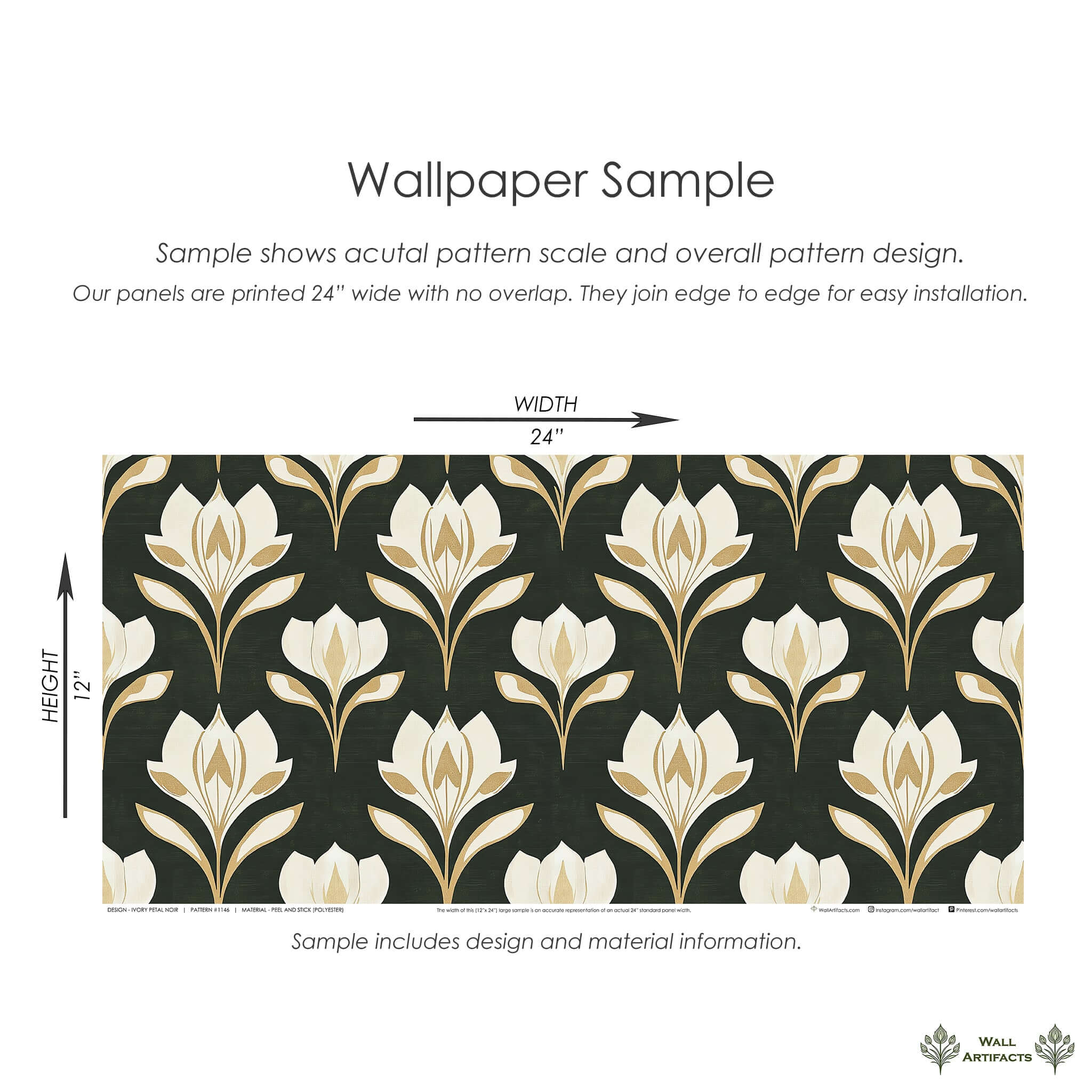 Ivory Petal Noir wallpaper sample with art nouveau floral design on a deep noir background, showcasing ivory petals and gold accents.