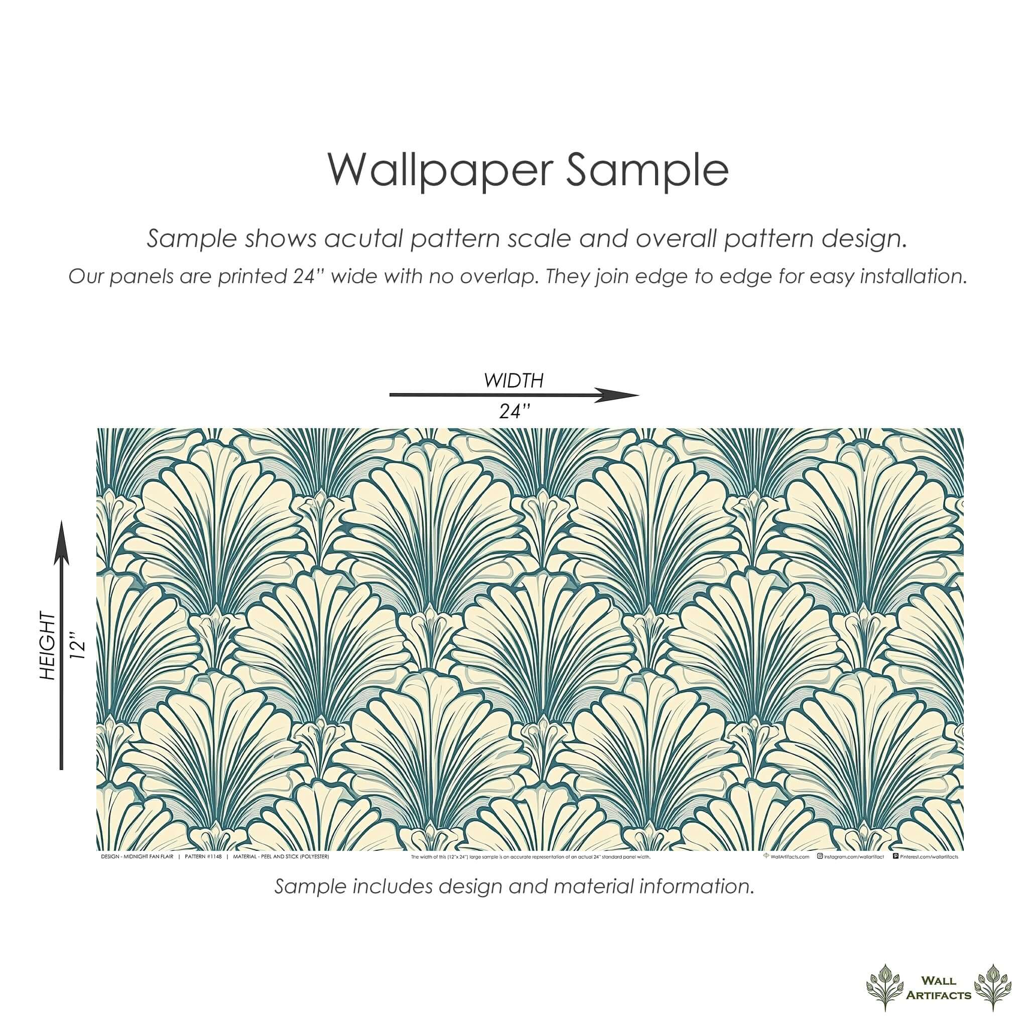 Art Deco wallpaper sample with teal and cream fan pattern, 24x12 inches, ideal for coastal-themed interiors and accent walls.