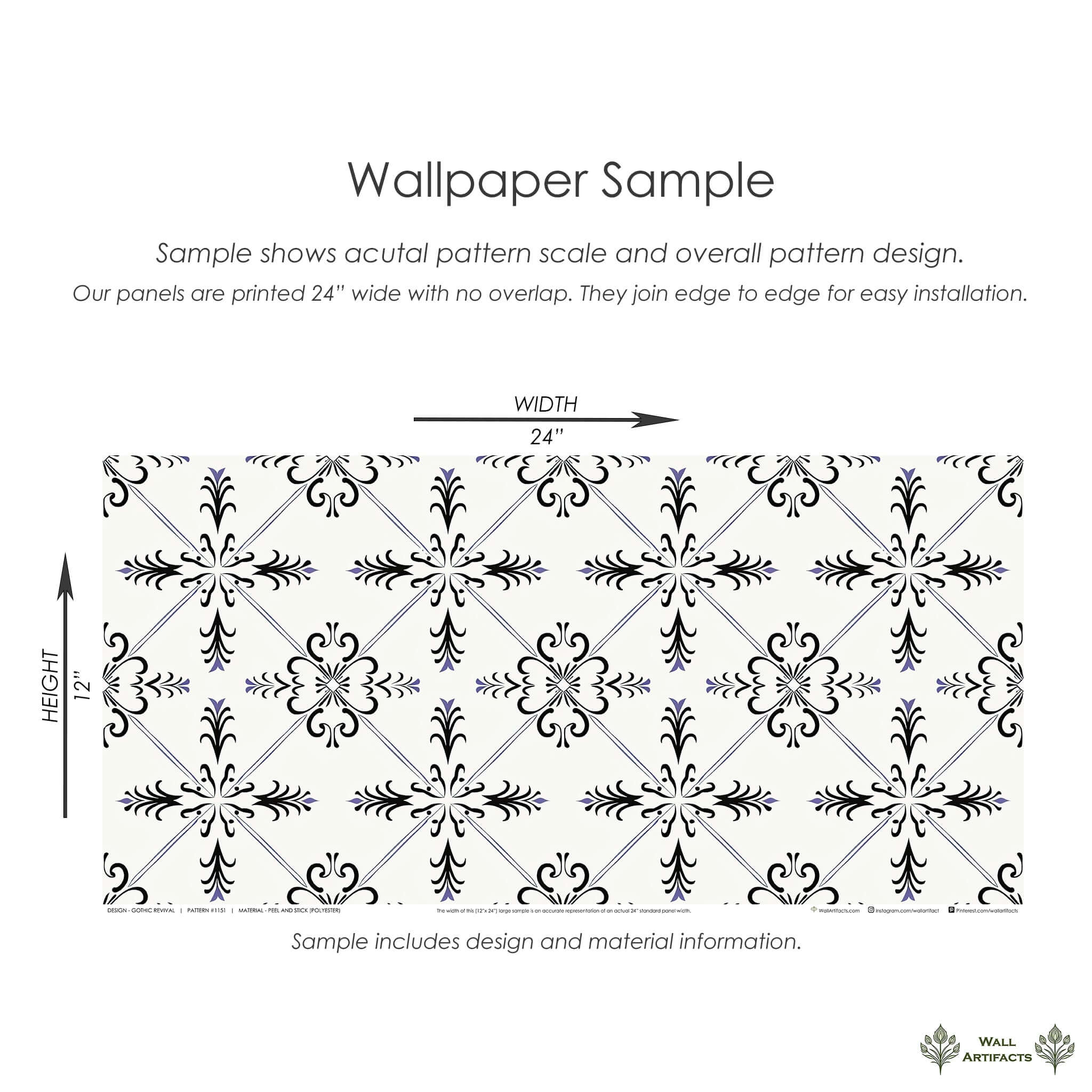 Gothic Revival wallpaper sample with geometric tile pattern, featuring black and violet gothic motifs on ivory background.